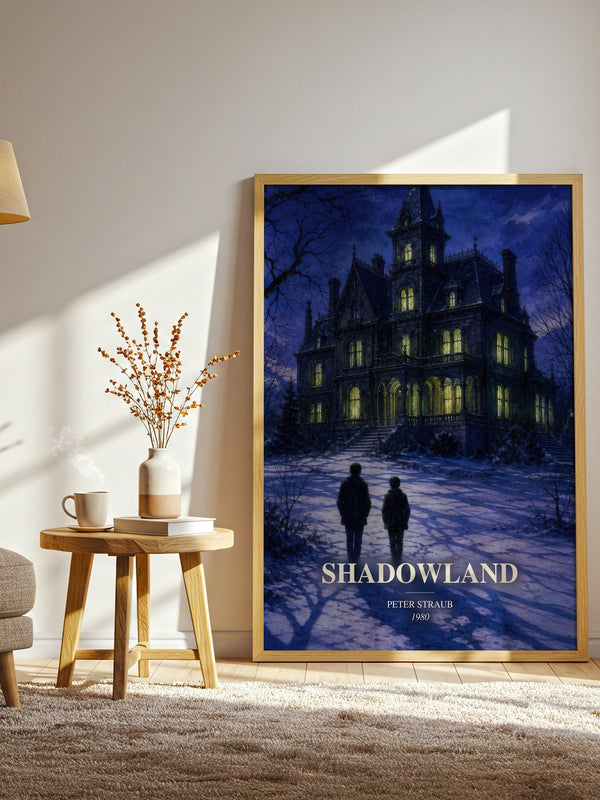 Shadowland watercolour print in frame leaning in hallway – horror wall art