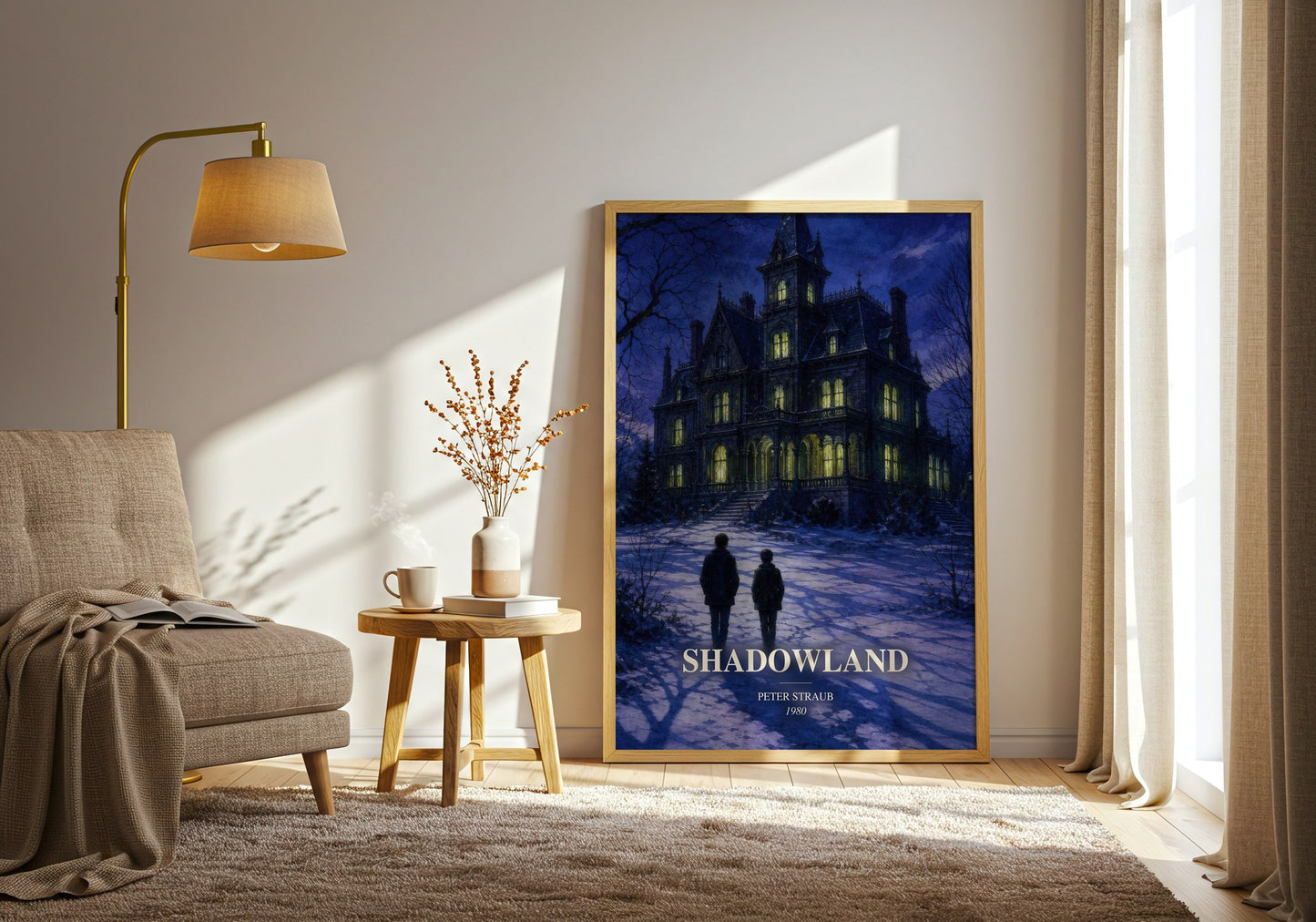 Shadowland watercolour print in frame leaning in hallway – horror wall art