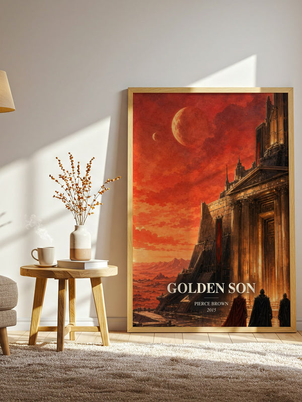 Golden Son watercolour print in frame leaning in hallway – sci fi wall art