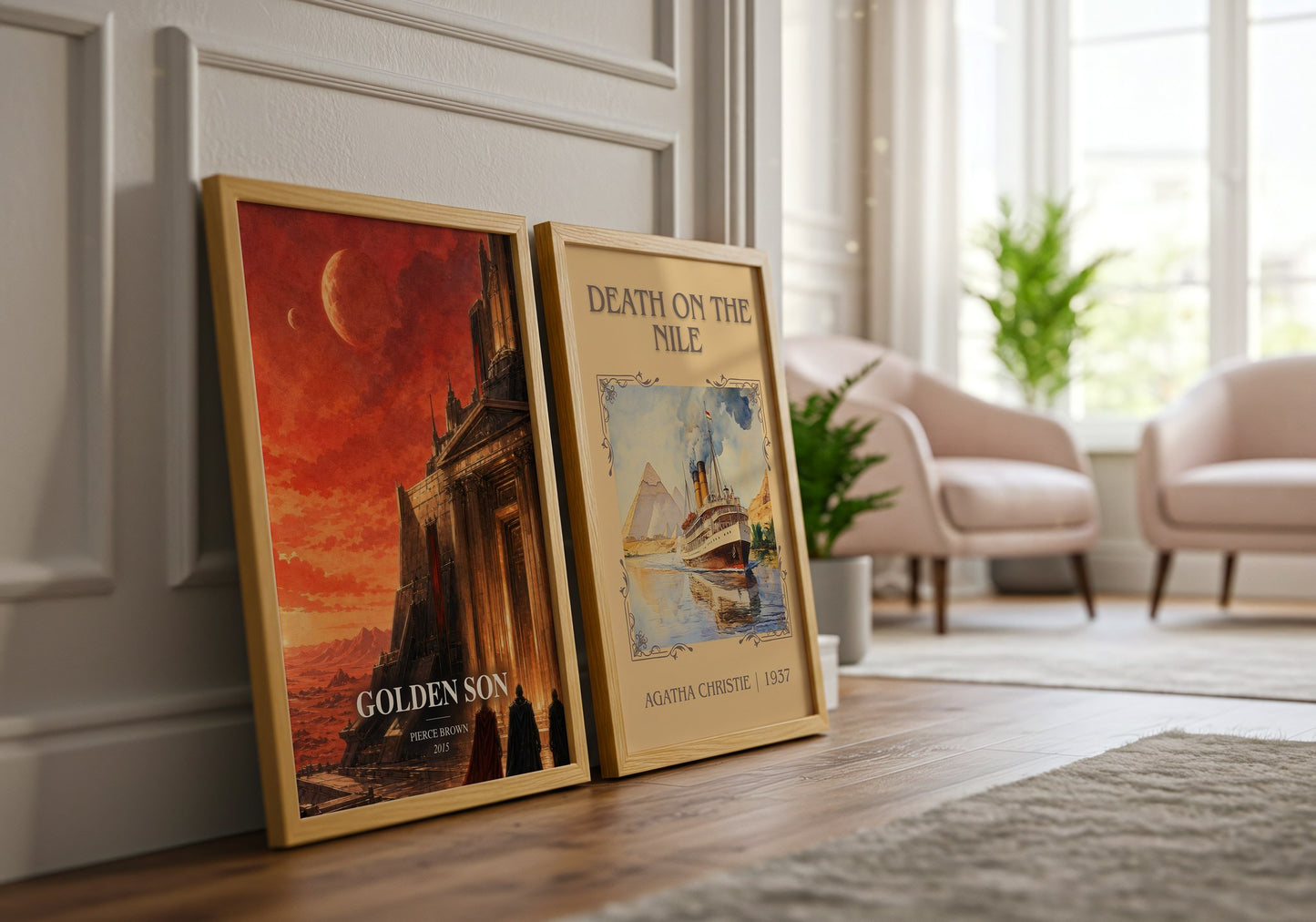 Golden Son watercolour print framed by window – literary home decor