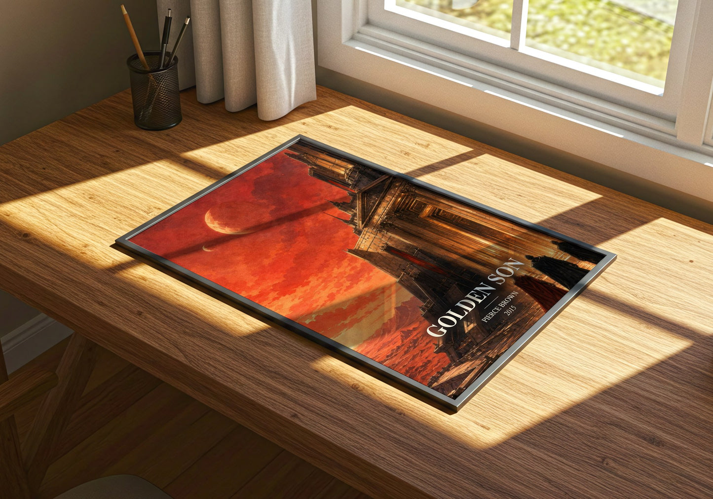 Golden Son watercolour book poster framed on wall – sci fi wall art