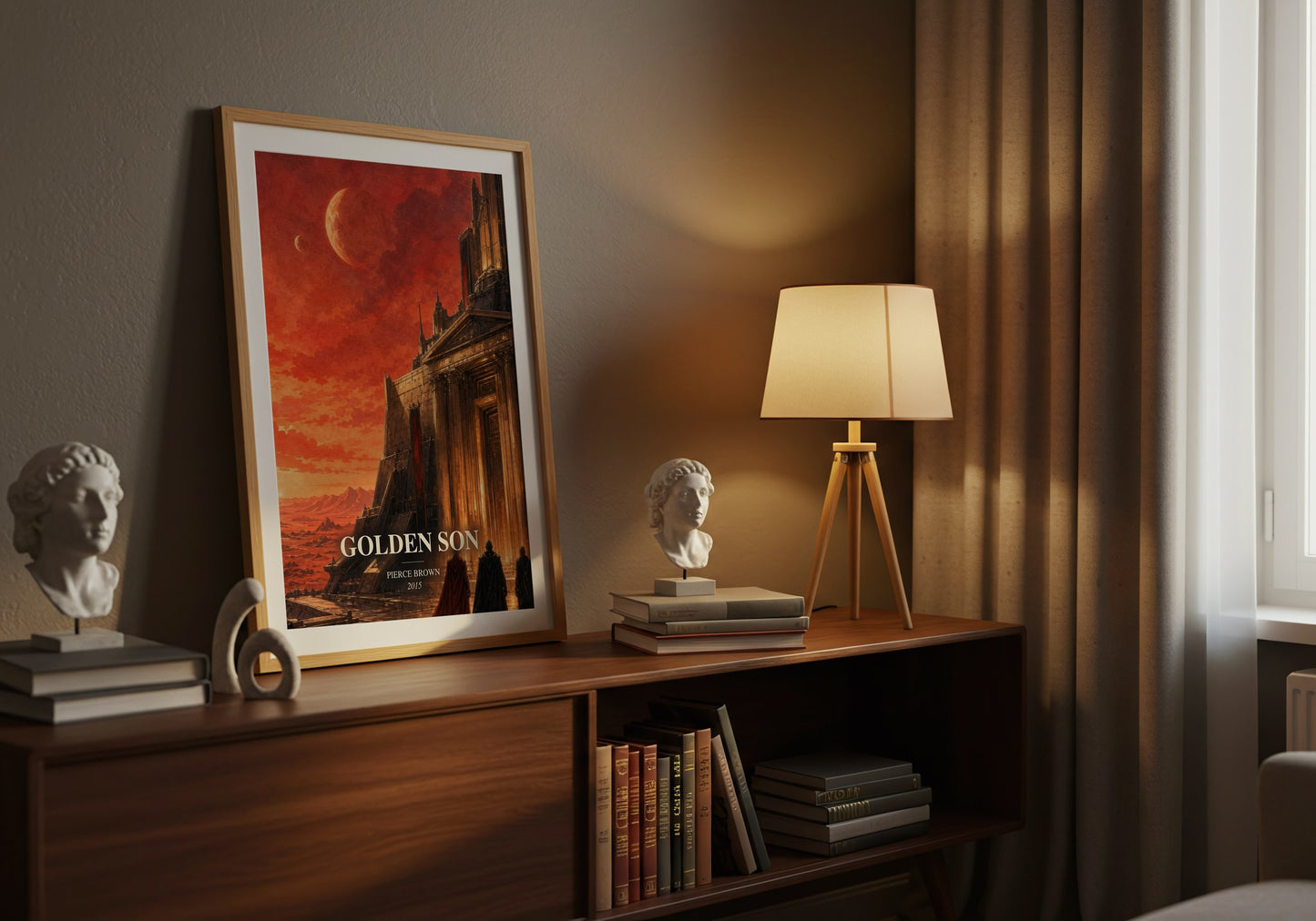 Golden Son watercolour print on bookshelf – Pierce Brown fan gift