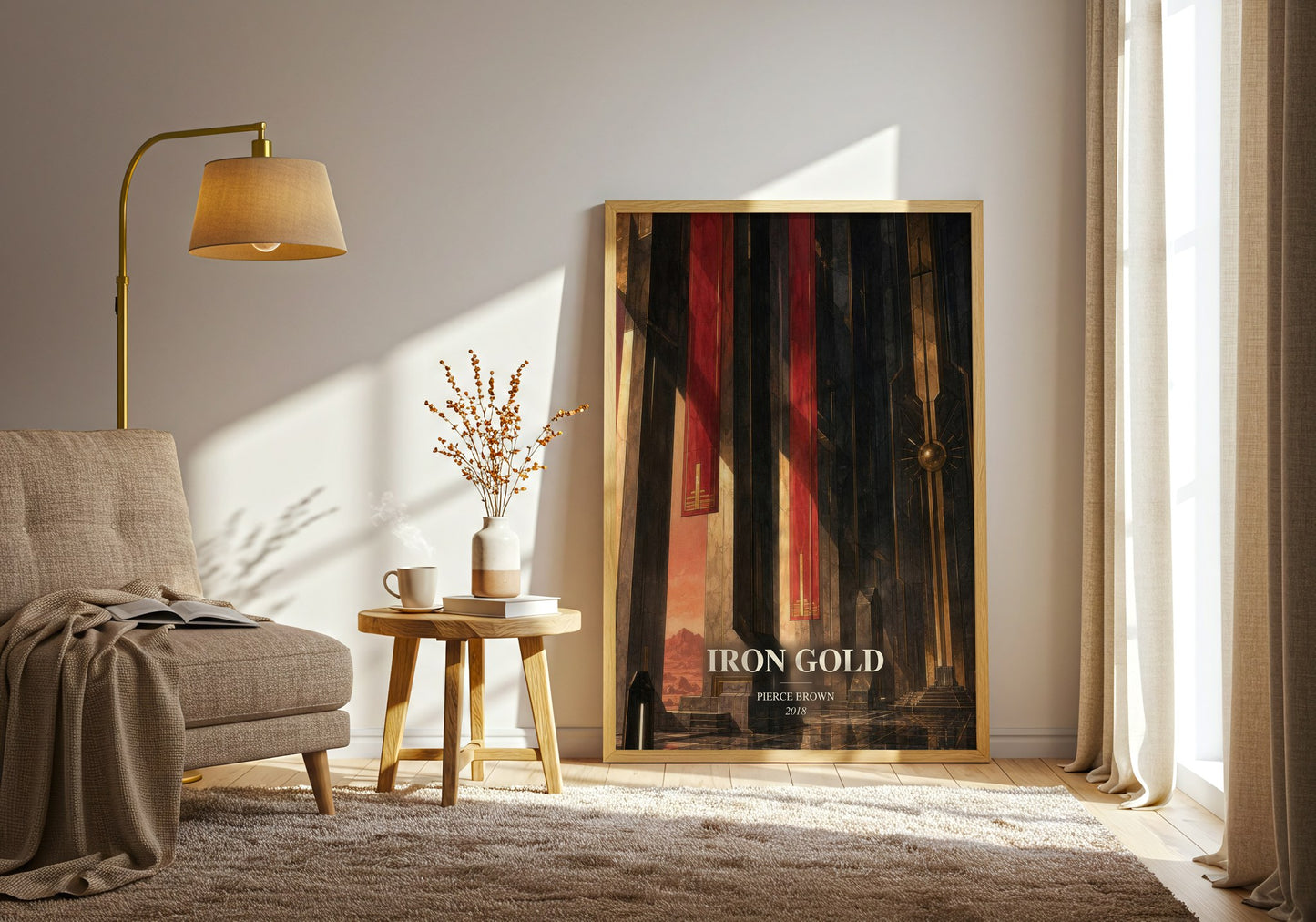 Iron Gold watercolour print in frame leaning in hallway – sci fi wall art