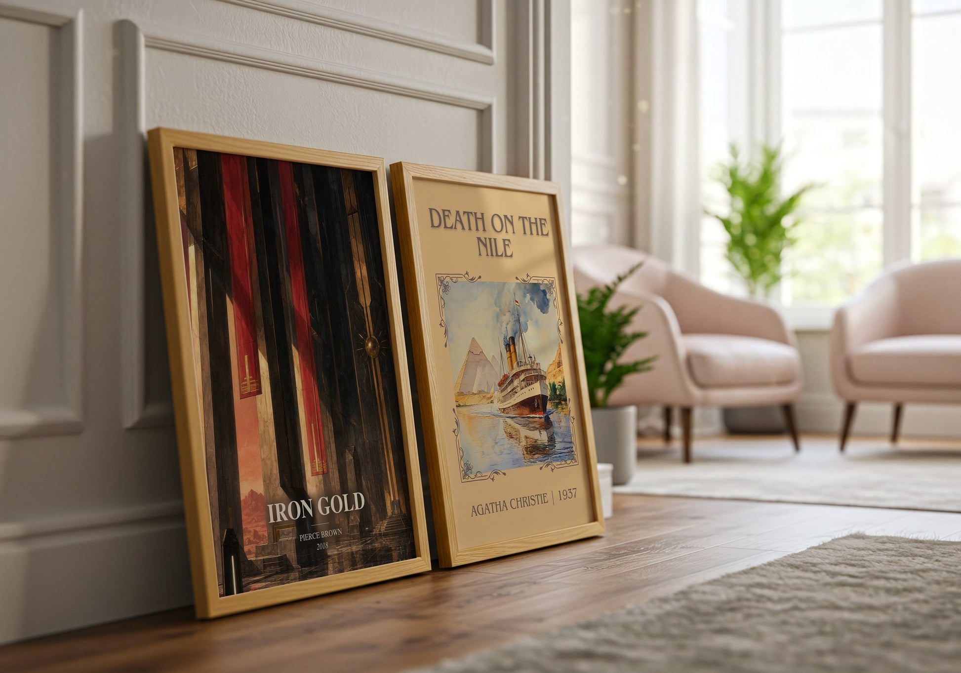 Iron Gold watercolour print framed by window – literary home decor