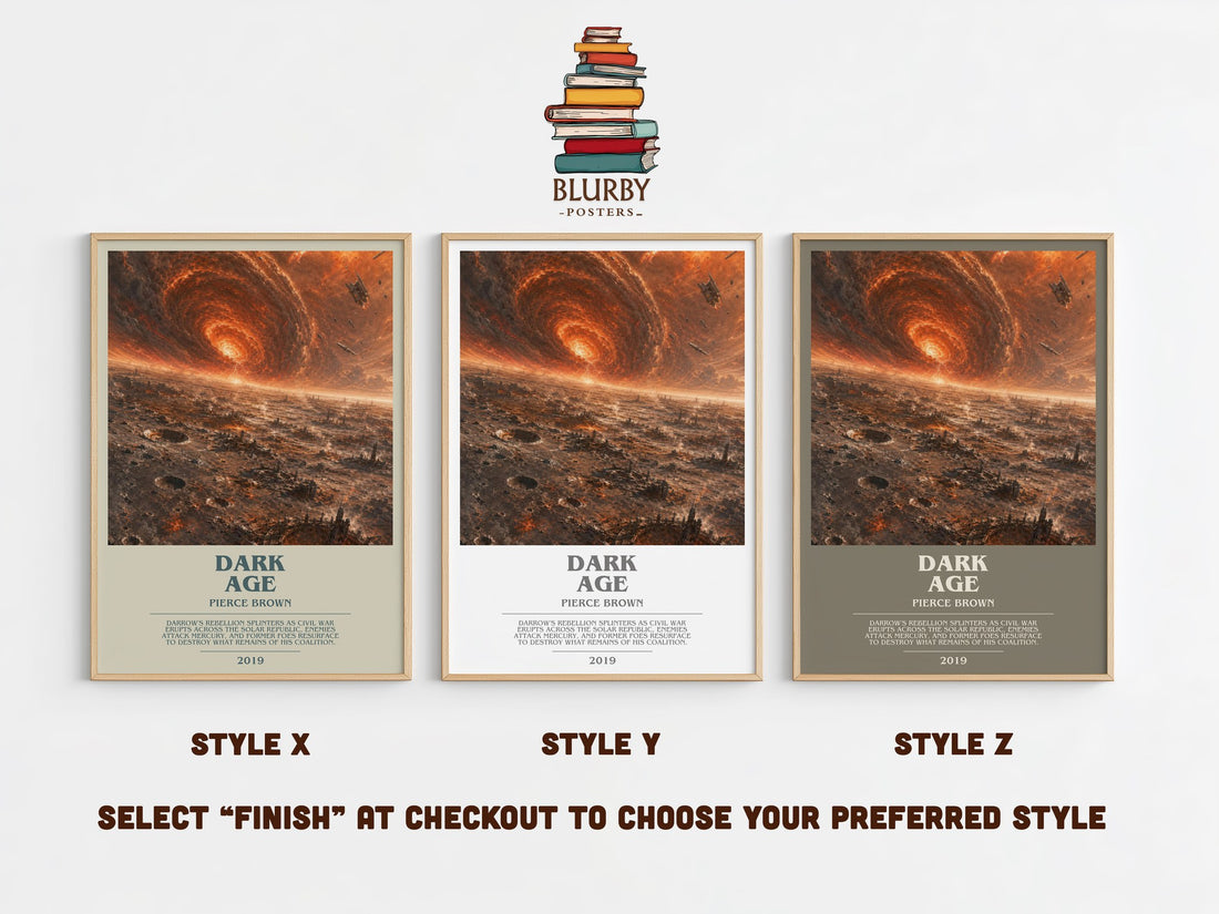 Dark Age bookish print in frame leaning in hallway – sci fi wall art (mockup)