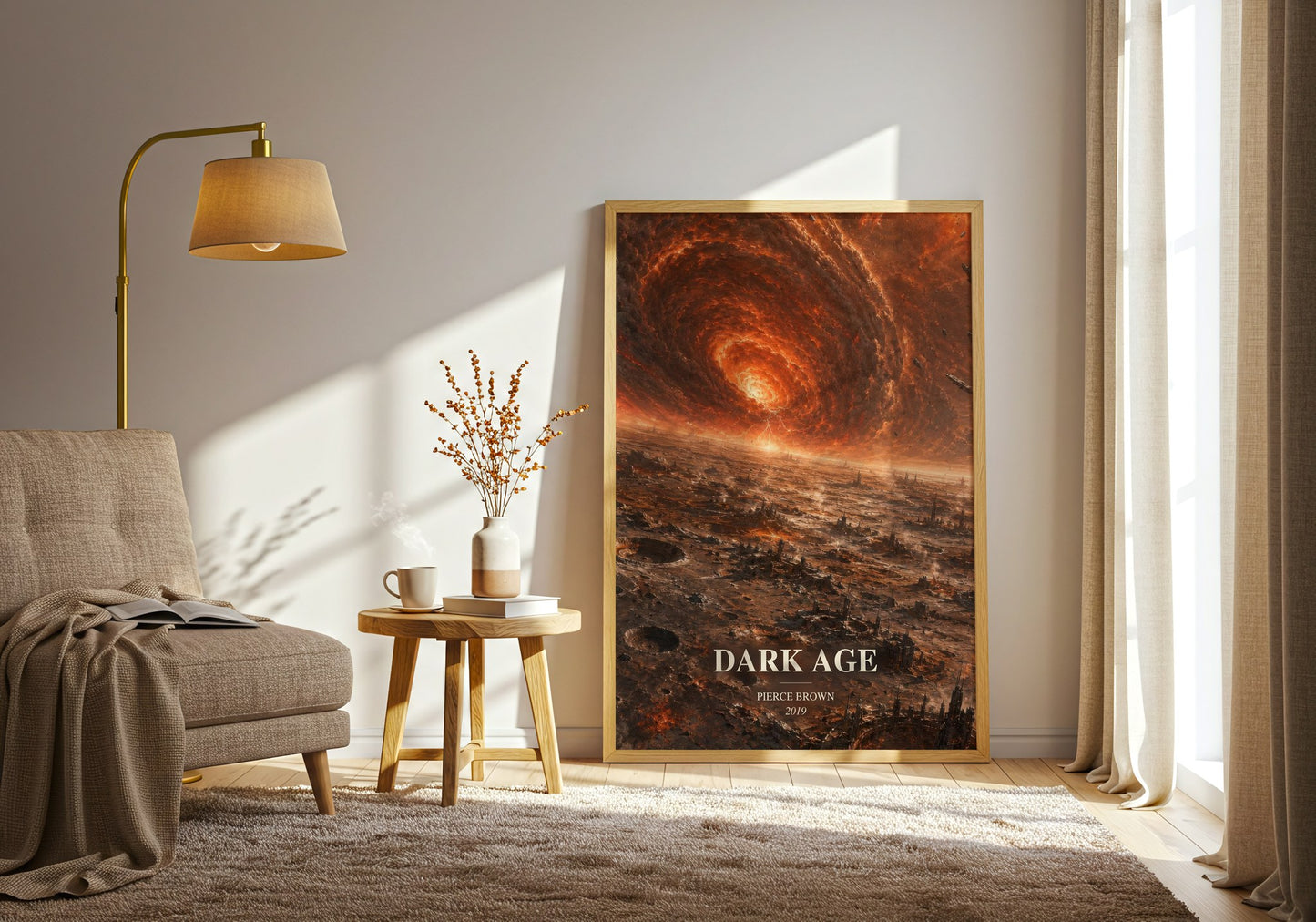 Dark Age watercolour print in frame leaning in hallway – sci fi wall art