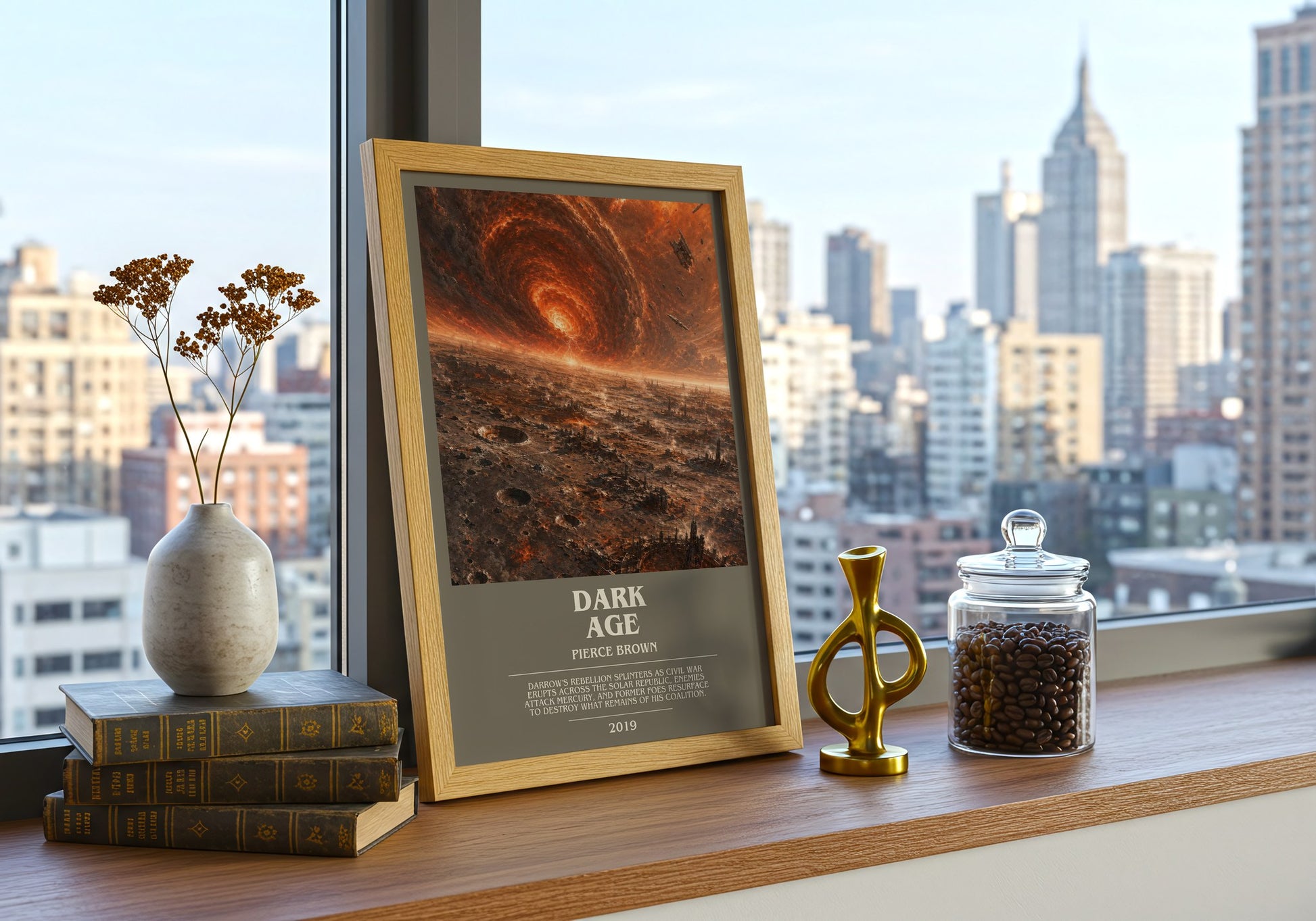 Dark Age bookish print framed by window – literary home decor