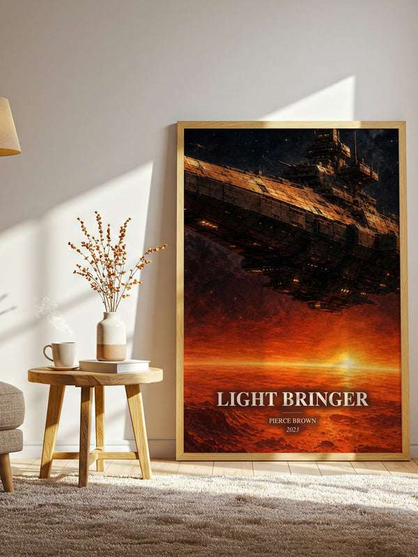Light Bringer watercolour print in frame leaning in hallway – sci fi wall art