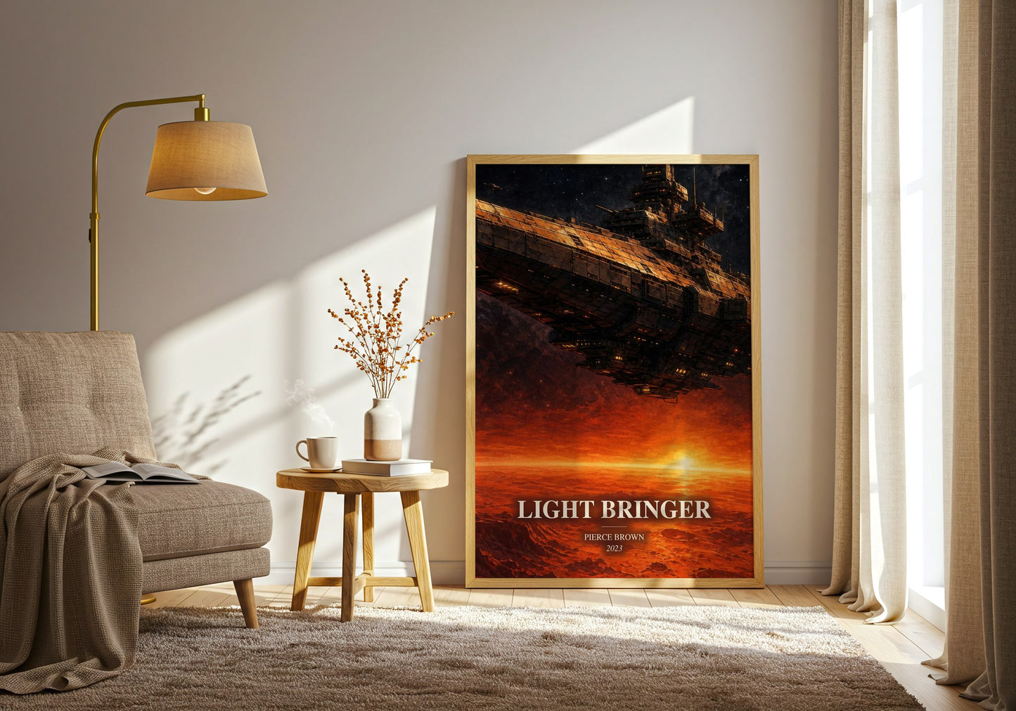 Light Bringer watercolour print in frame leaning in hallway – sci fi wall art