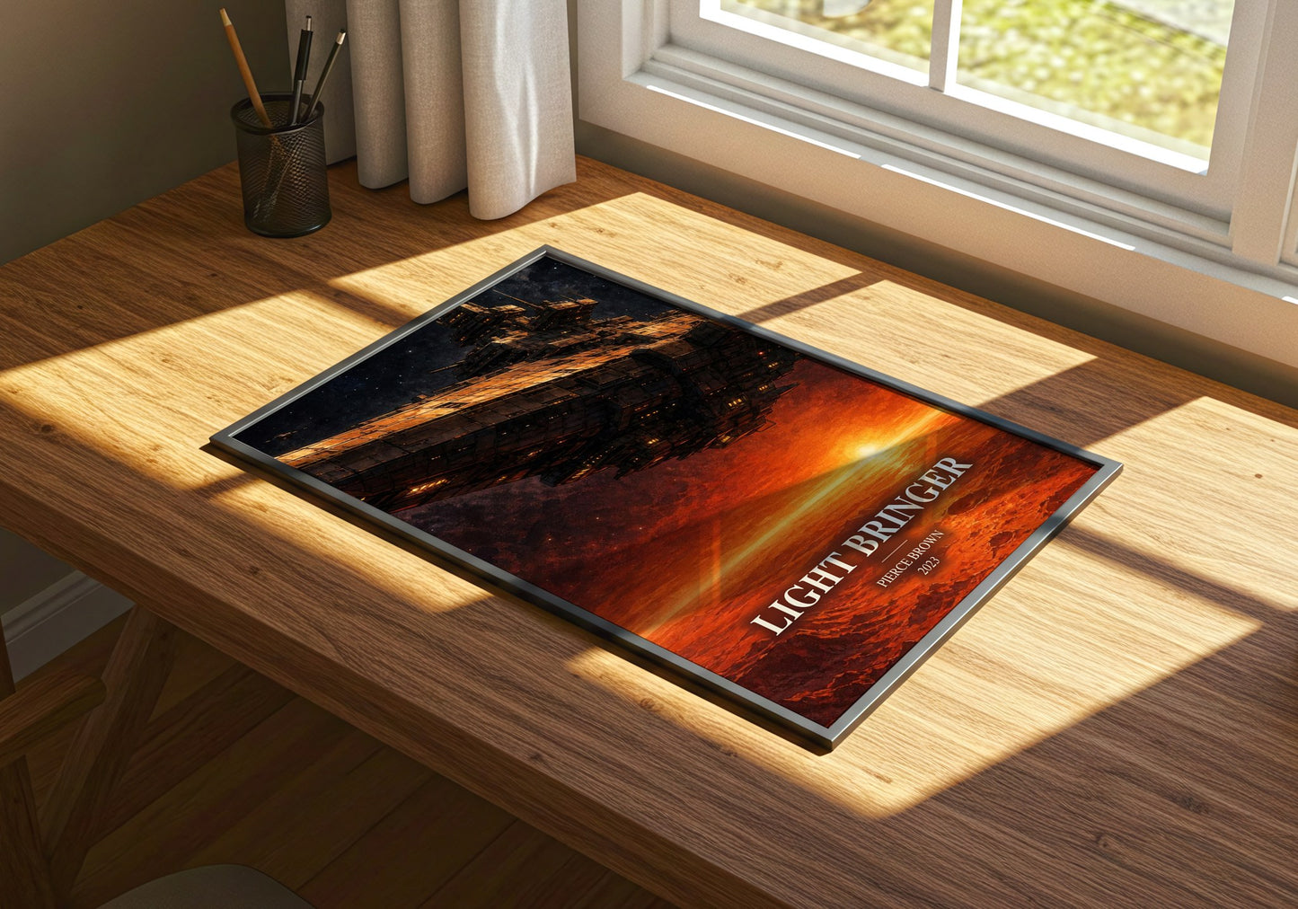 Light Bringer watercolour book poster framed on wall – sci fi wall art