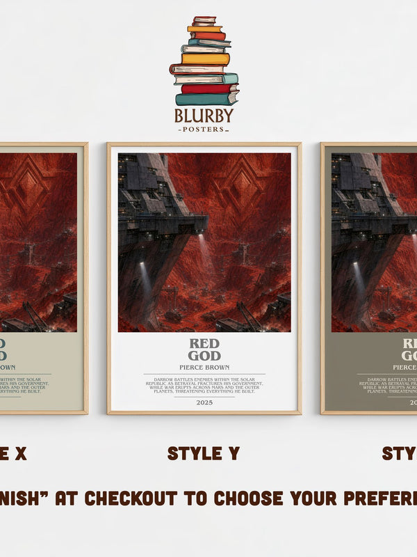 Red God bookish print in frame leaning in hallway – sci fi wall art
