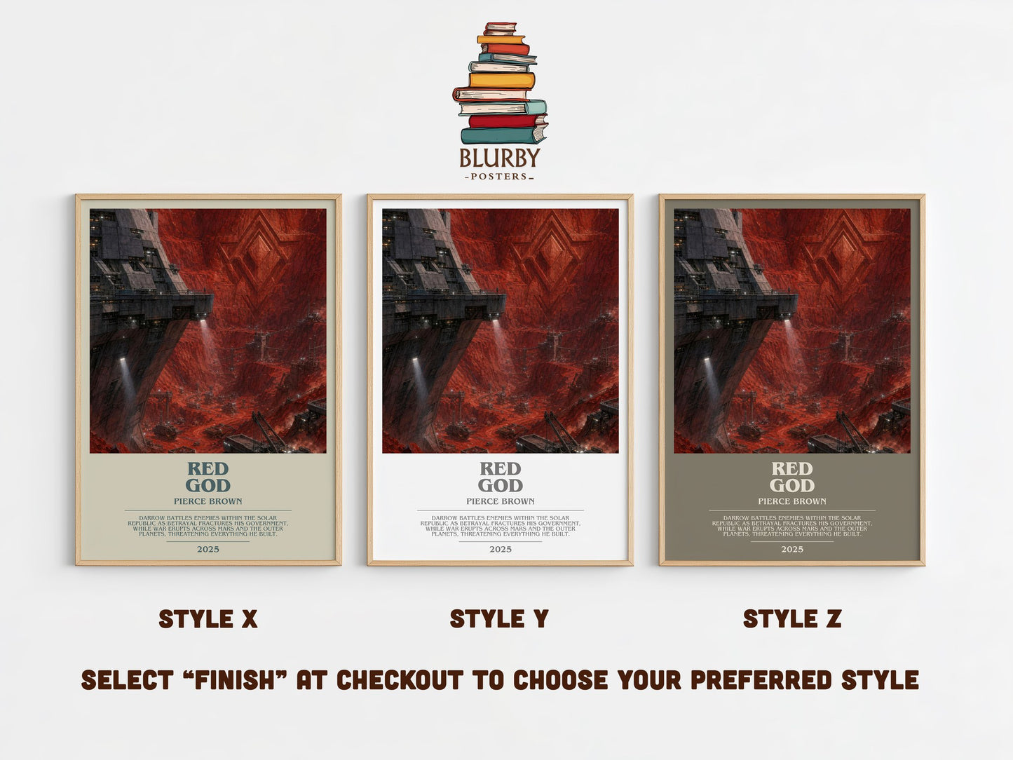 Red God bookish print in frame leaning in hallway – sci fi wall art