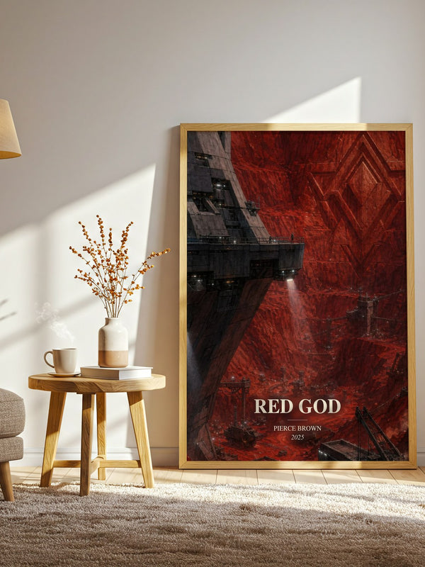 Red God watercolour print in frame leaning in hallway – sci fi wall art