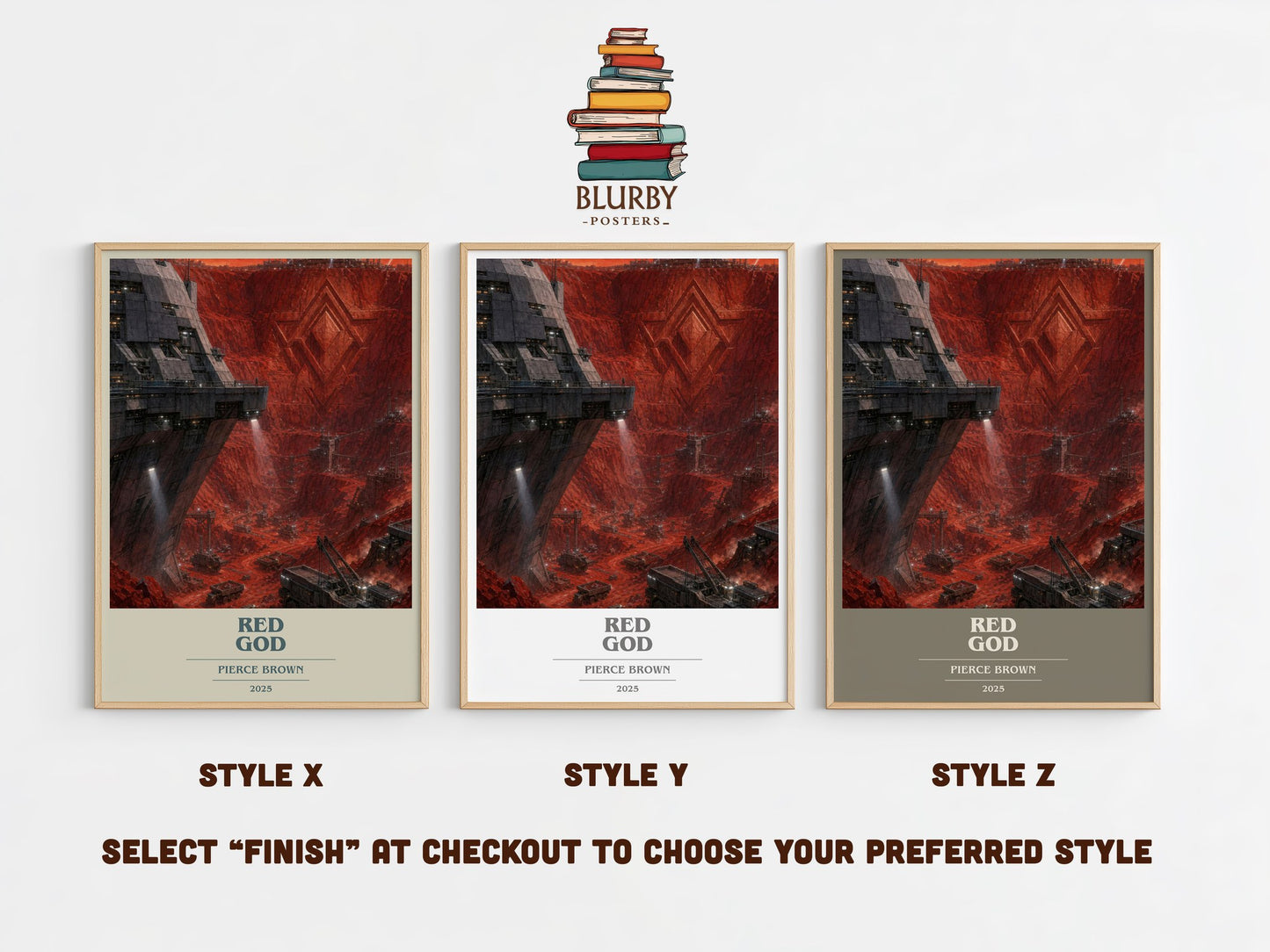 Red God book cover print in frame leaning in hallway – sci fi wall art