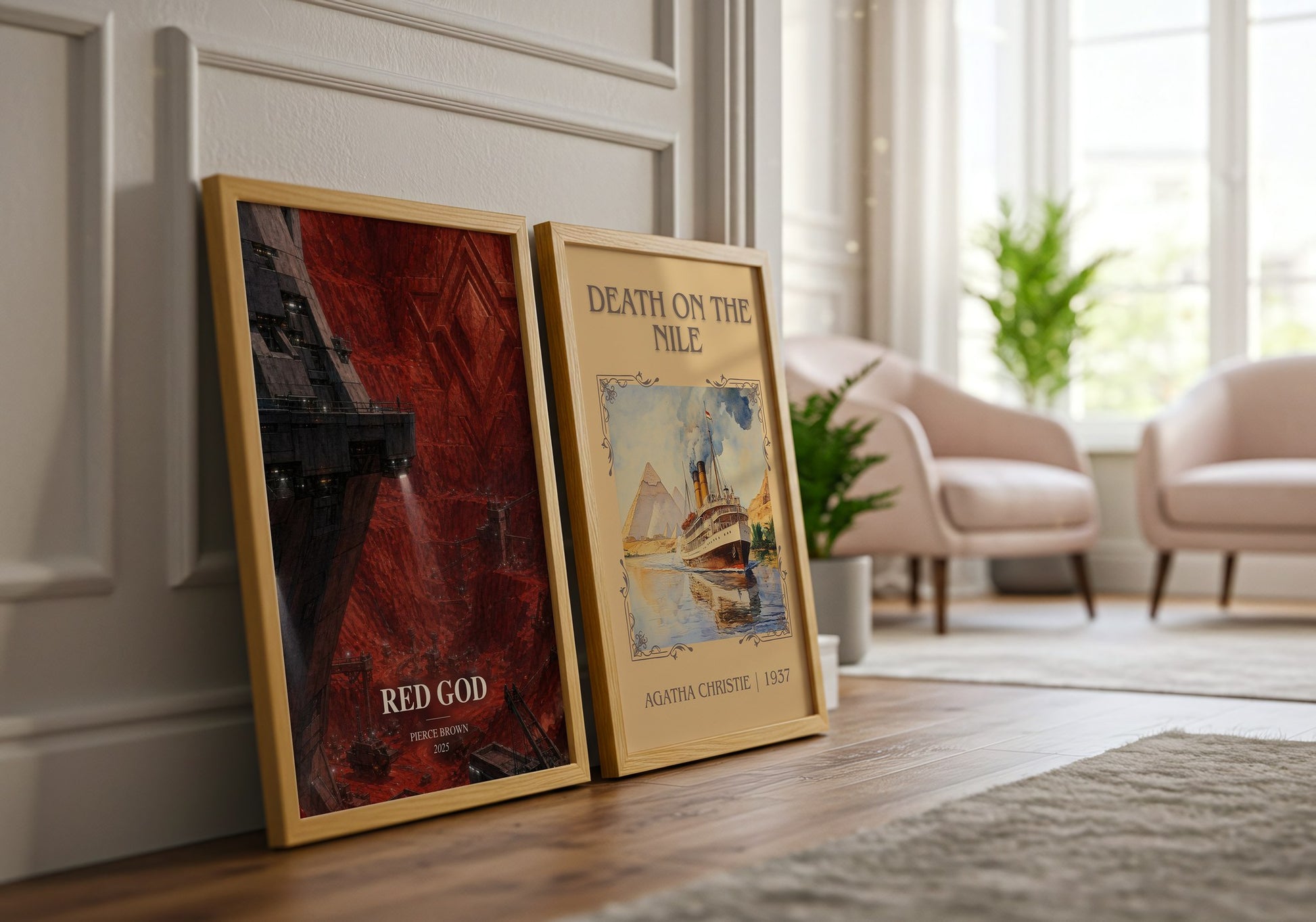 Red God watercolour print framed by window – literary home decor