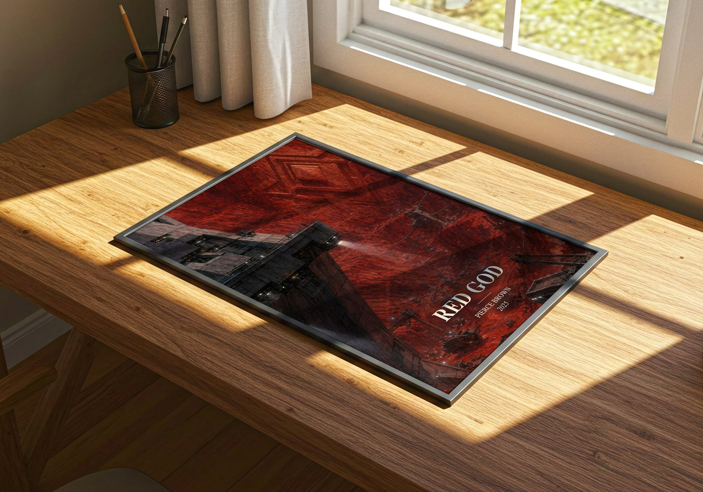 Red God watercolour book poster framed on wall – sci fi wall art