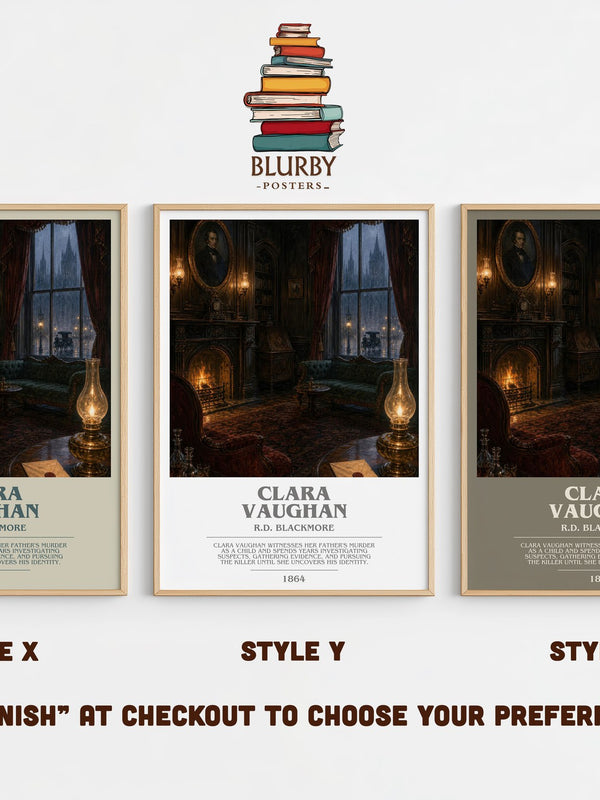 Clara Vaughan bookish print in frame leaning in hallway – mystery wall art