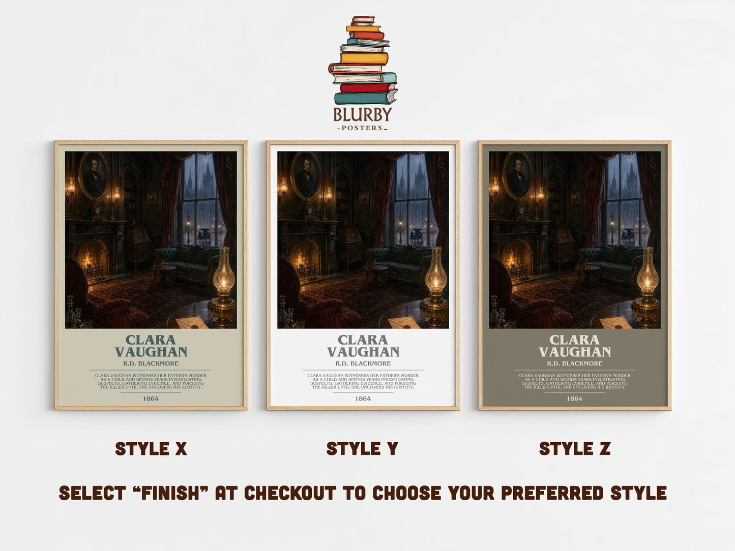 Clara Vaughan bookish print in frame leaning in hallway – mystery wall art