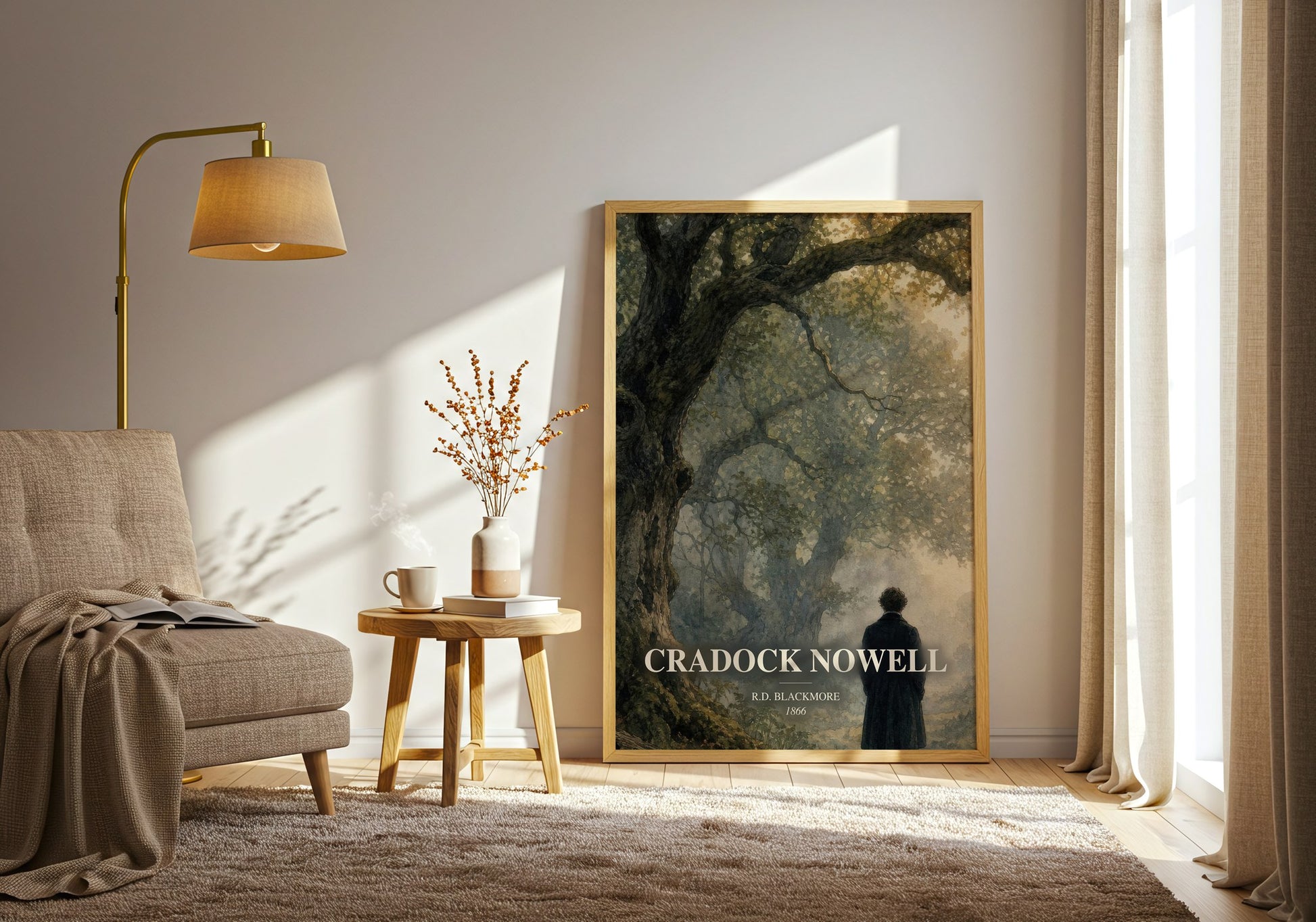 Cradock Nowell watercolour print in frame leaning in hallway – literary fiction wall art