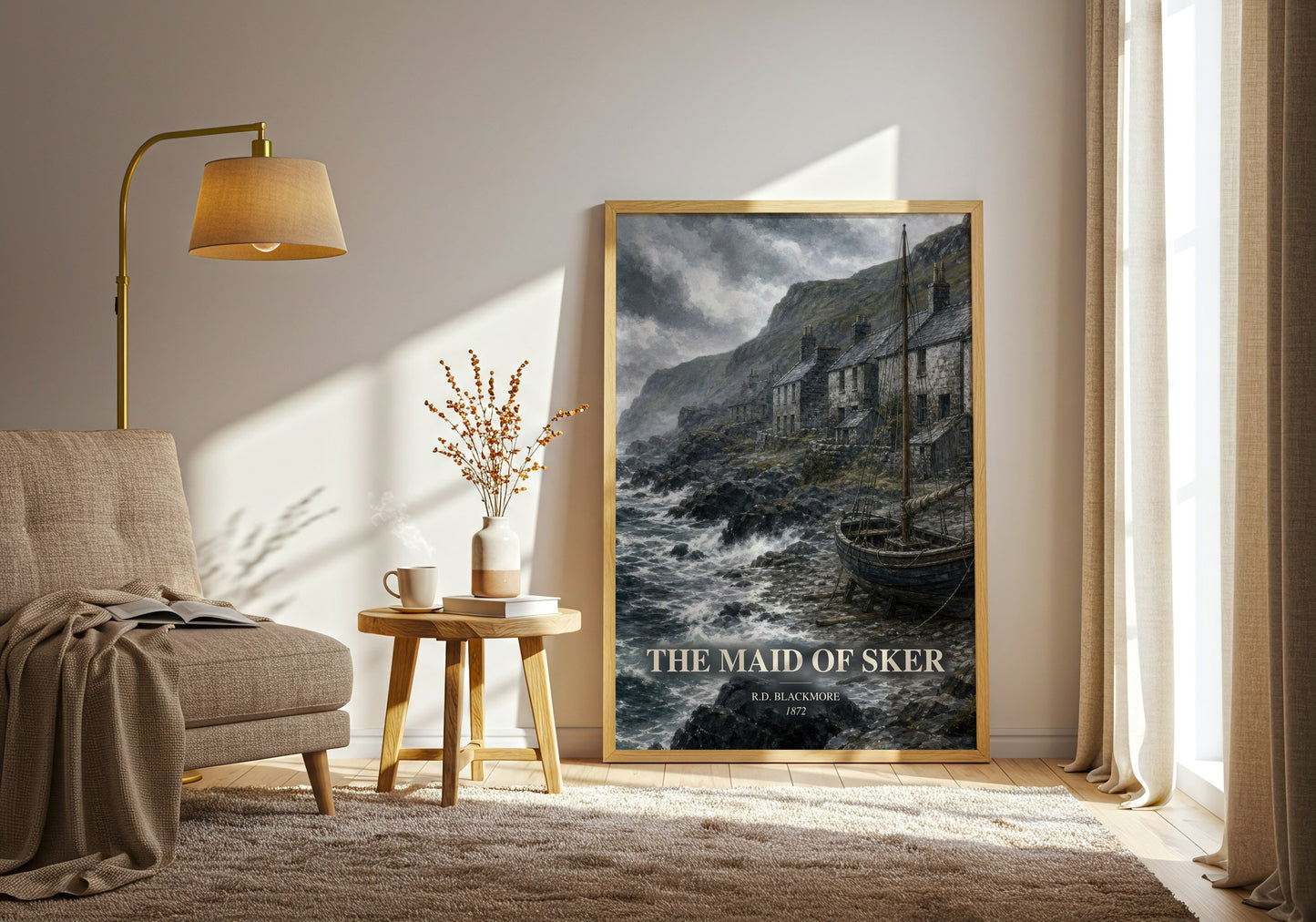 The Maid Of Sker watercolour print in frame leaning in hallway – historical fiction wall art