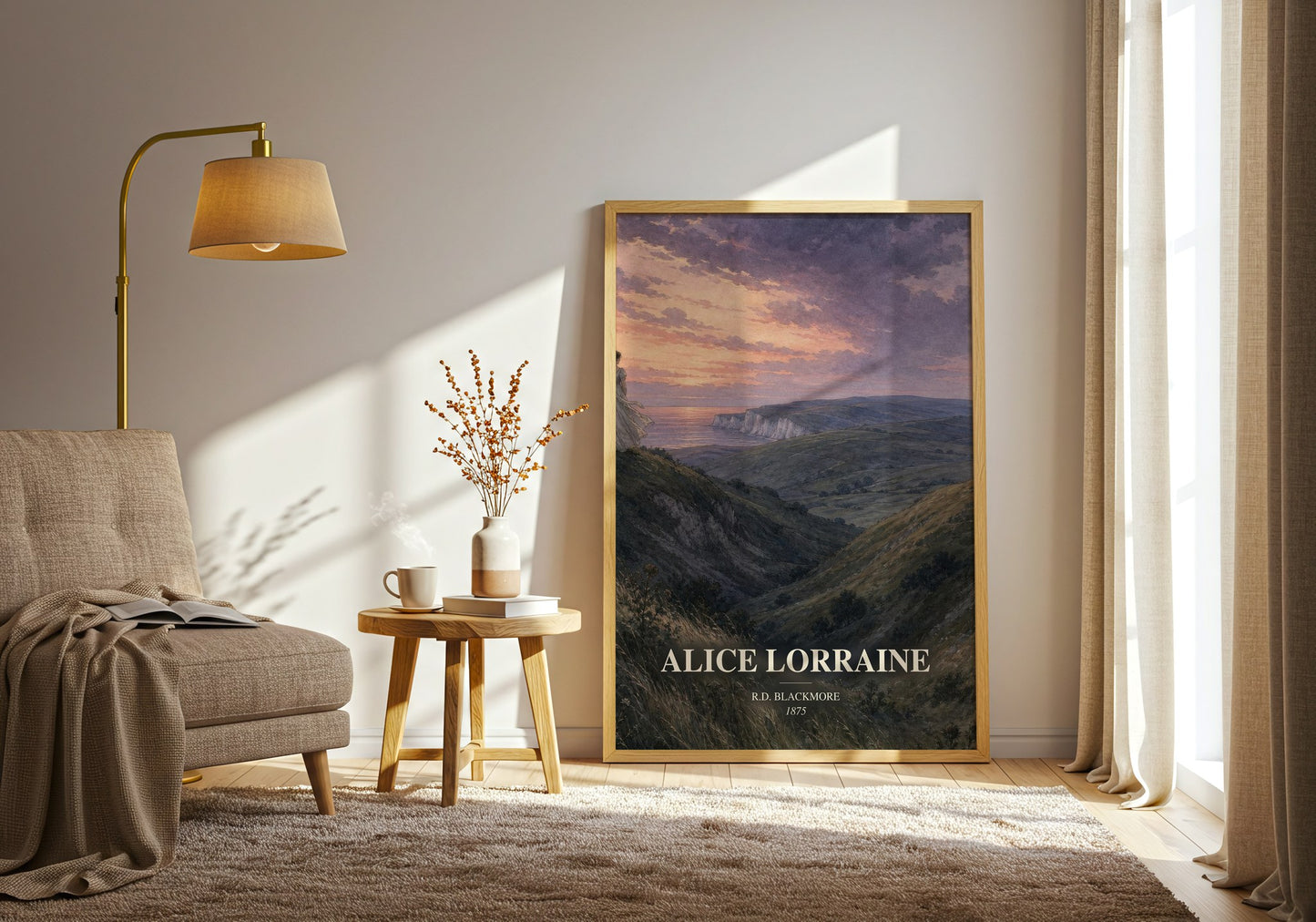 Alice Lorraine watercolour print in frame leaning in hallway – historical fiction wall art