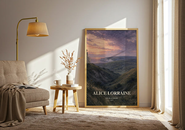 Alice Lorraine watercolour print in frame leaning in hallway – historical fiction wall art
