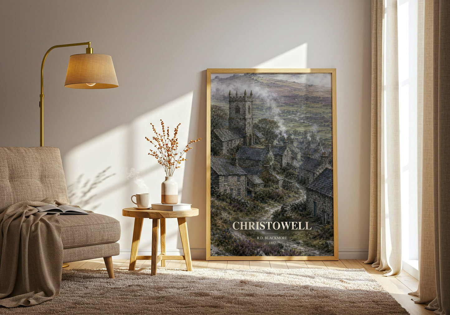 Christowell watercolour print in frame leaning in hallway – historical fiction wall art
