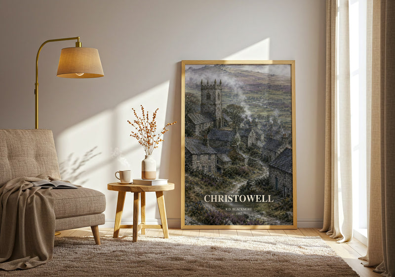 Christowell watercolour print in frame leaning in hallway – historical fiction wall art