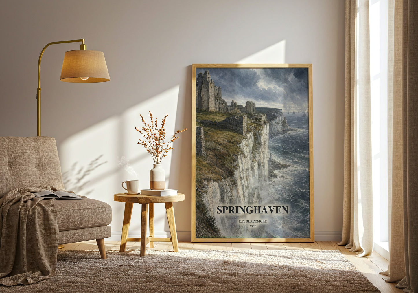 Springhaven watercolour print in frame leaning in hallway – historical fiction wall art