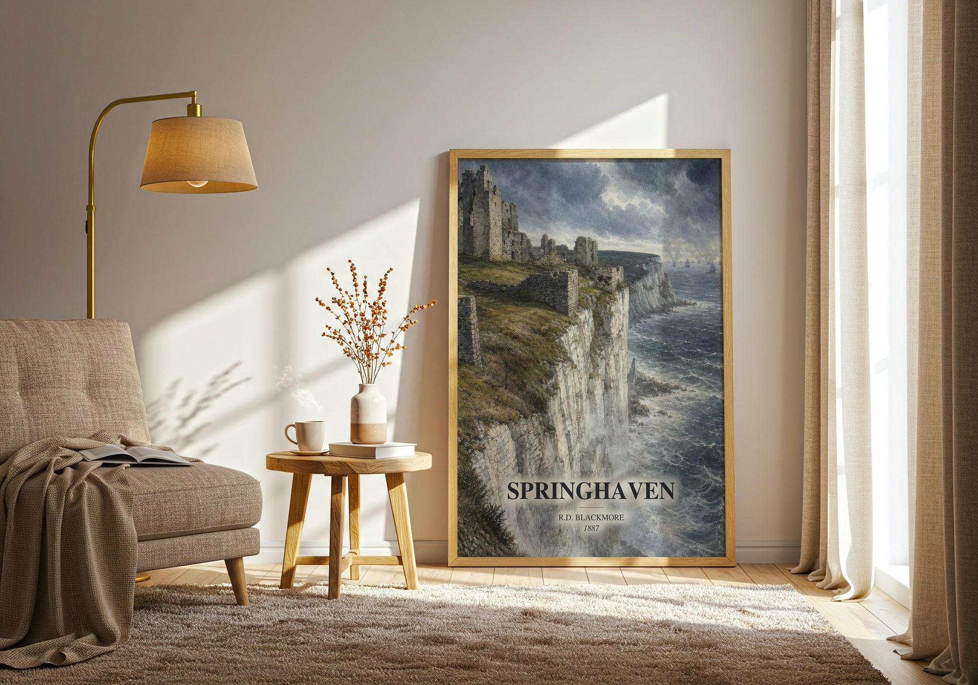 Springhaven watercolour print in frame leaning in hallway – historical fiction wall art