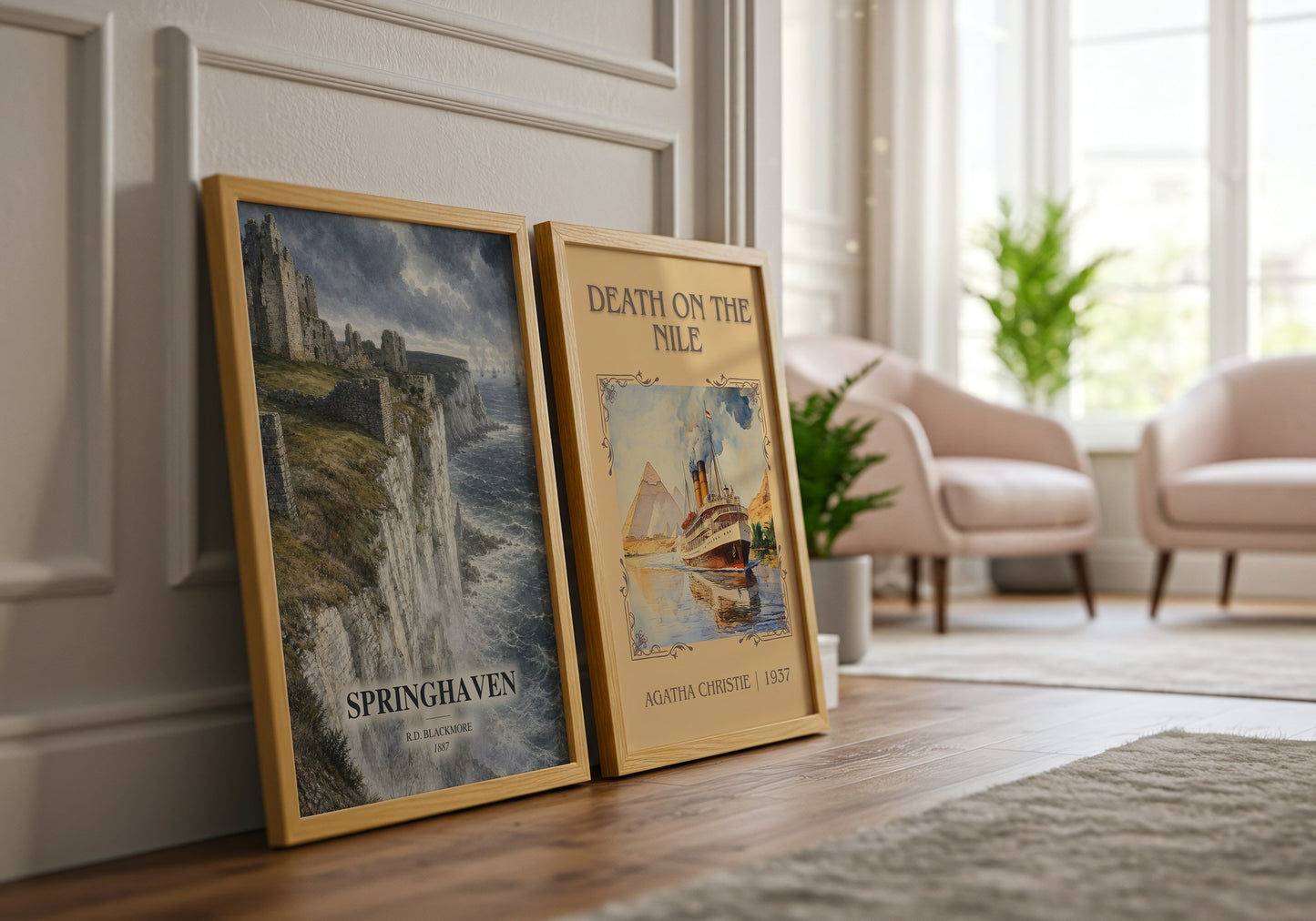 Springhaven watercolour print framed by window – literary home decor