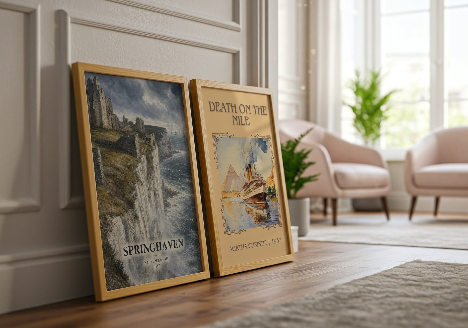 Springhaven watercolour print framed by window – literary home decor