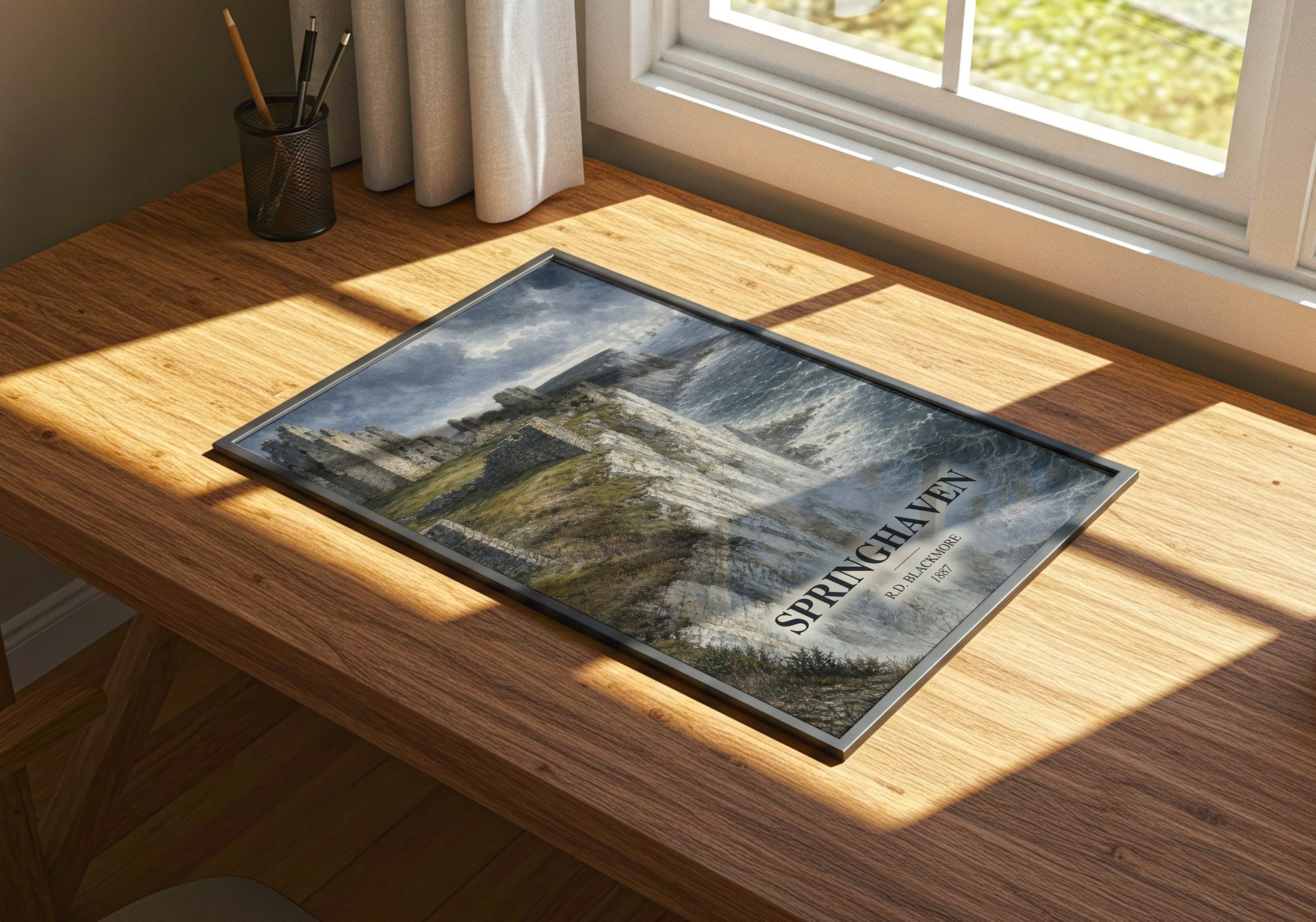Springhaven watercolour book poster framed on wall – historical fiction wall art