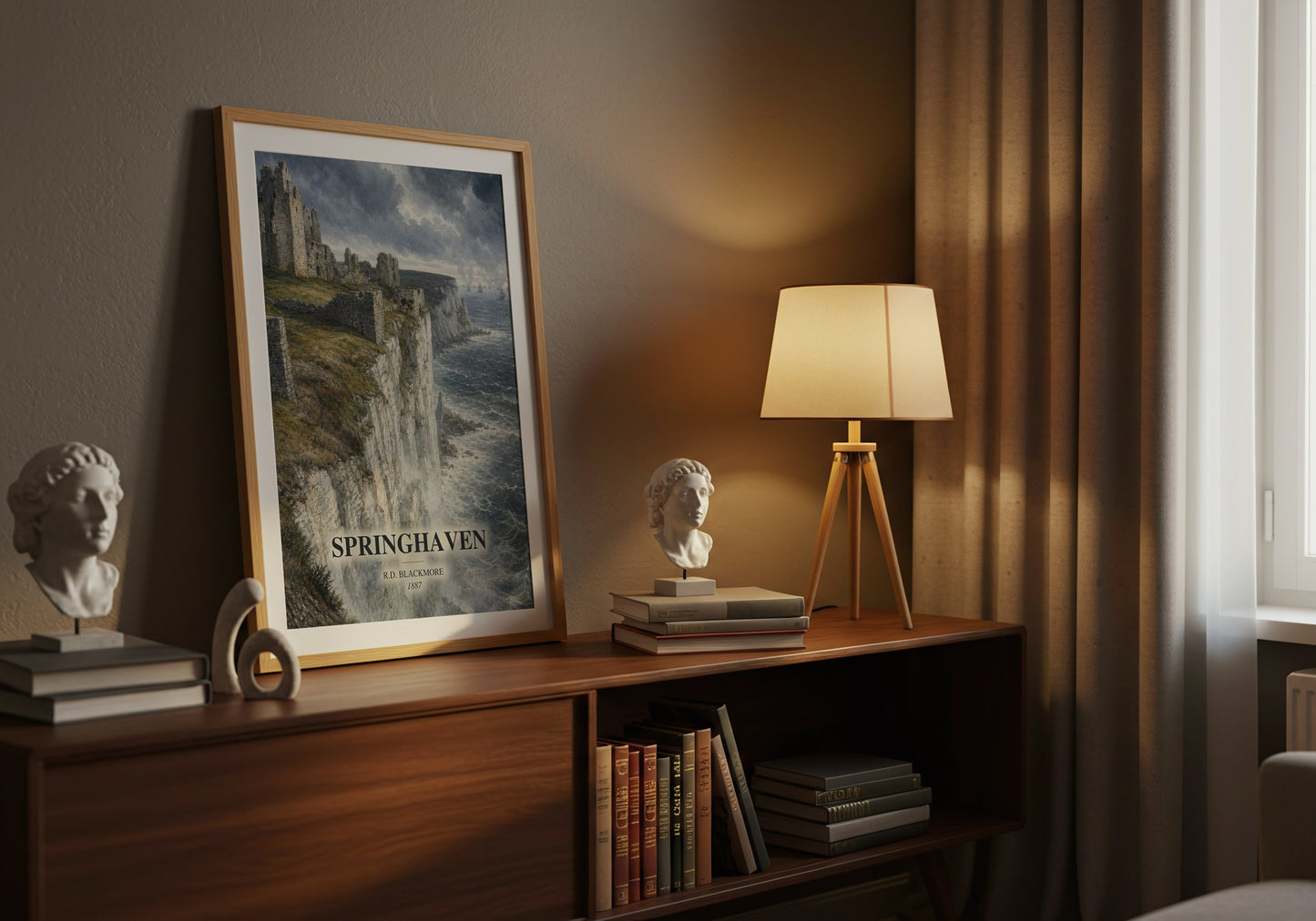 Springhaven watercolour print on bookshelf – R.D. Blackmore fan gift