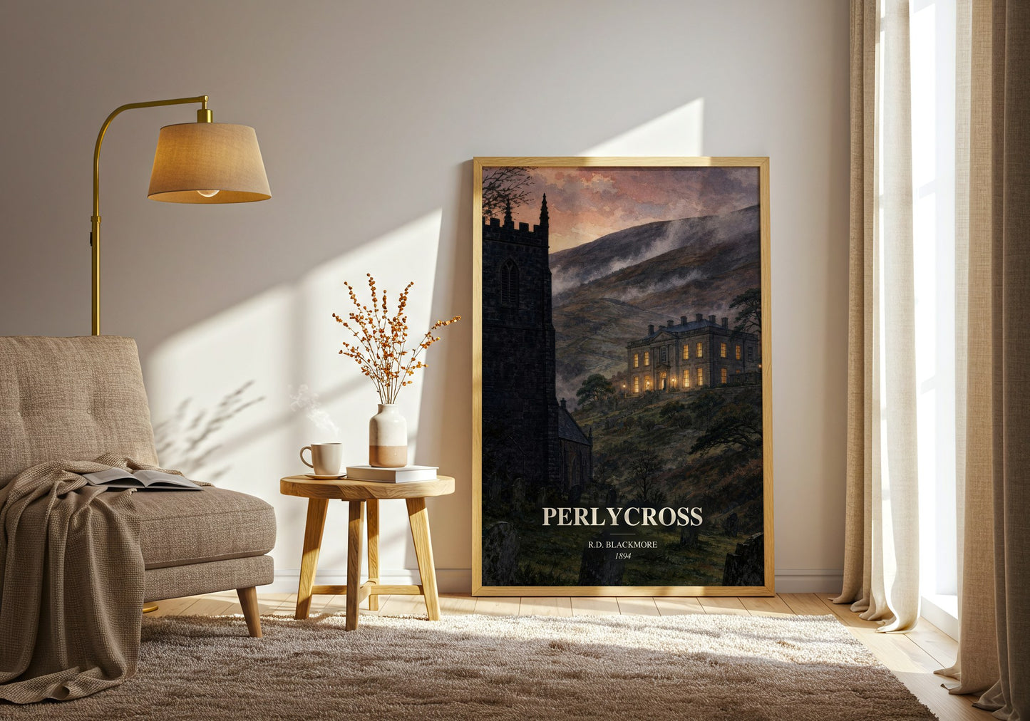Perlycross watercolour print in frame leaning in hallway – literary fiction wall art