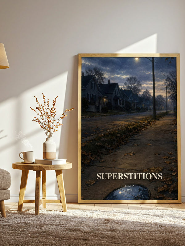 Superstitions watercolour print in frame leaning in hallway – young adult wall art