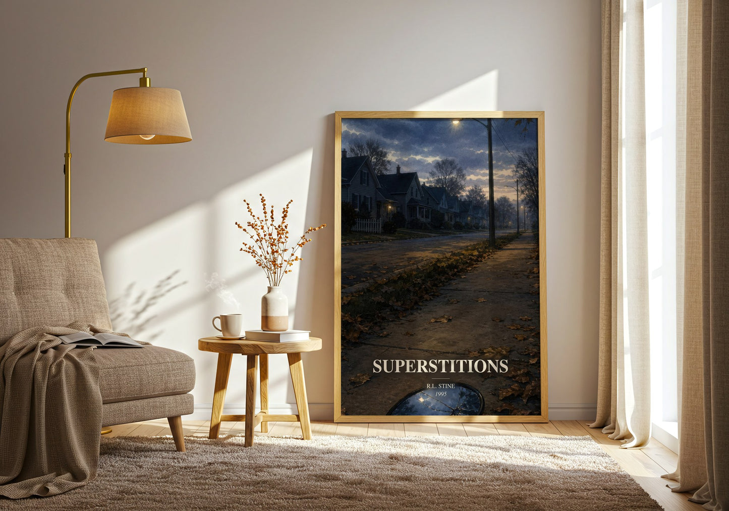 Superstitions watercolour print in frame leaning in hallway – young adult wall art