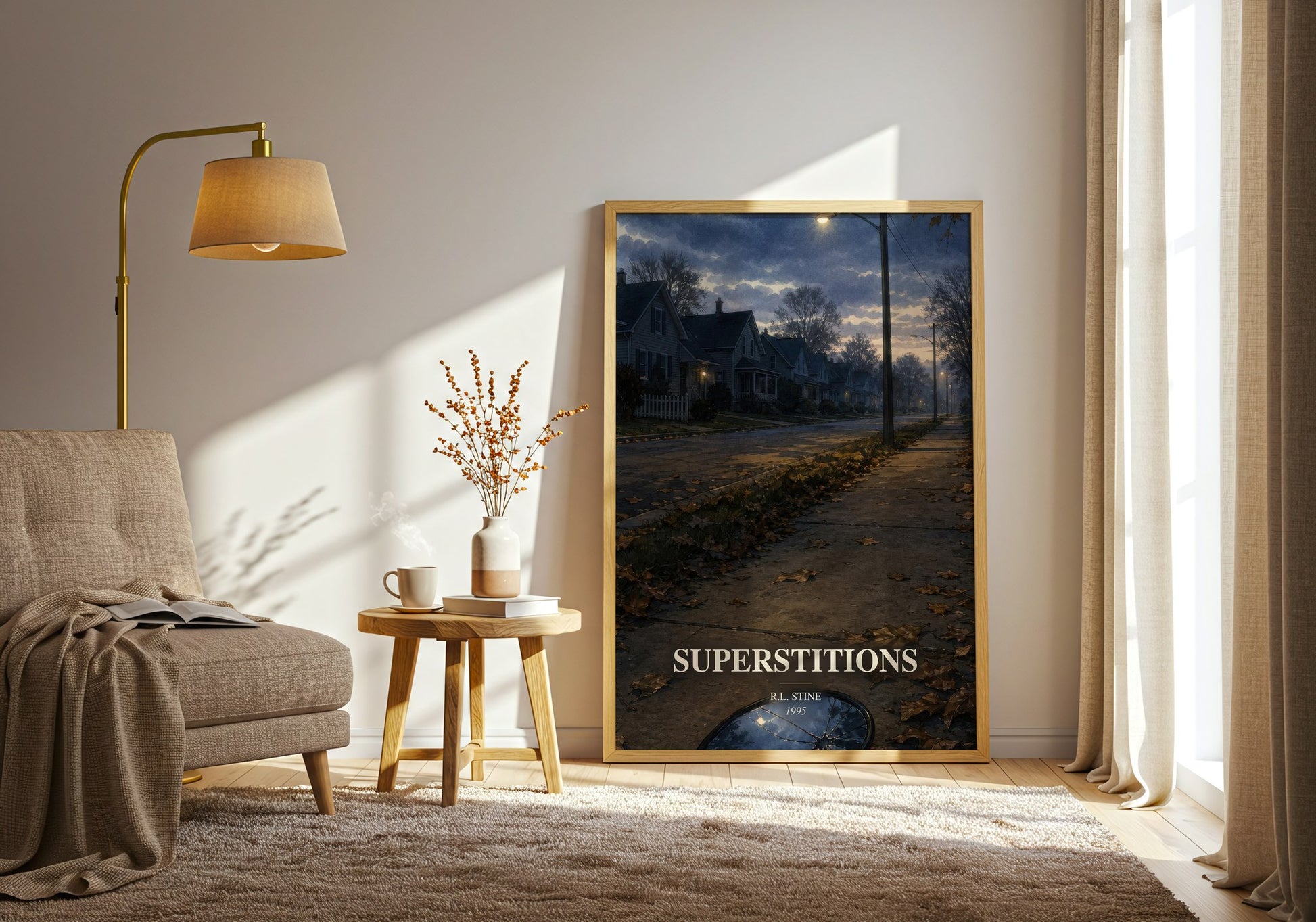 Superstitions watercolour print in frame leaning in hallway – young adult wall art