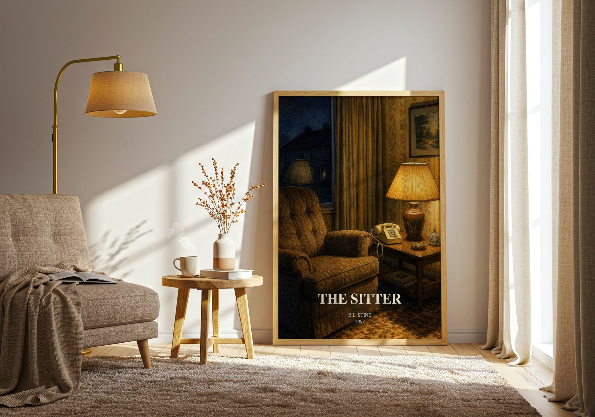 The Sitter watercolour print in frame leaning in hallway – horror wall art