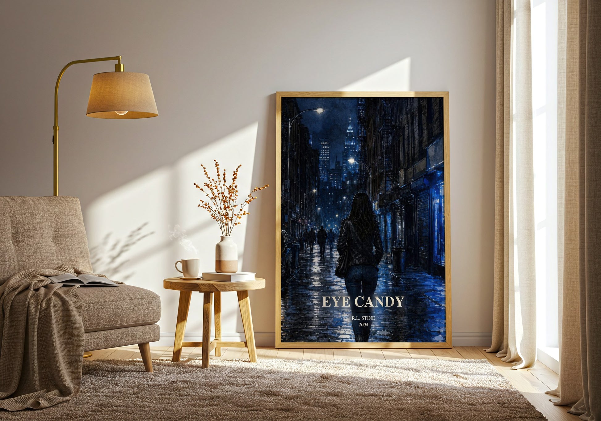 Eye Candy watercolour print in frame leaning in hallway – thriller wall art