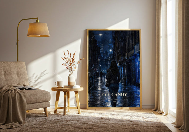 Eye Candy watercolour print in frame leaning in hallway – thriller wall art