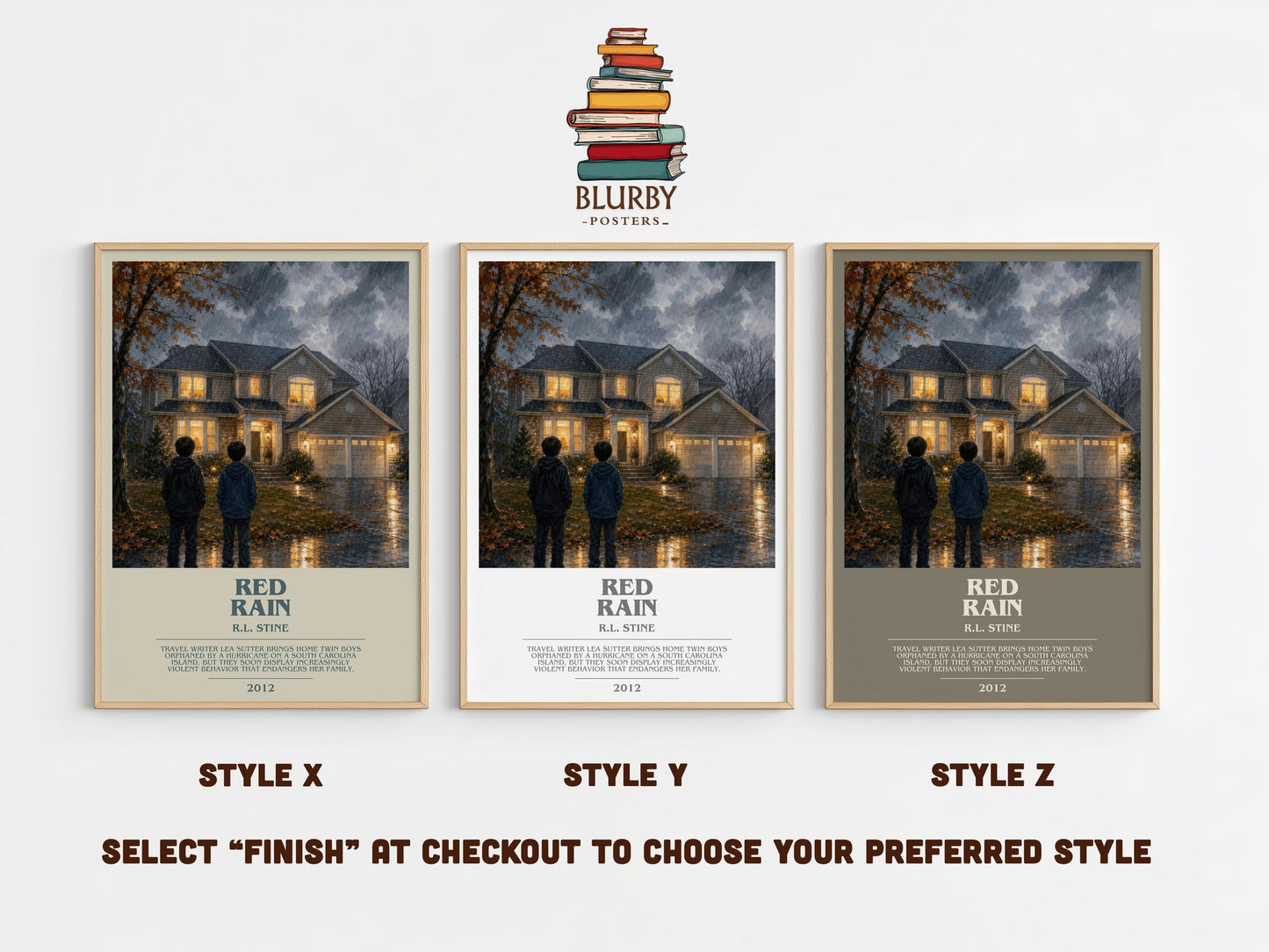 Red Rain bookish print in frame leaning in hallway – horror wall art