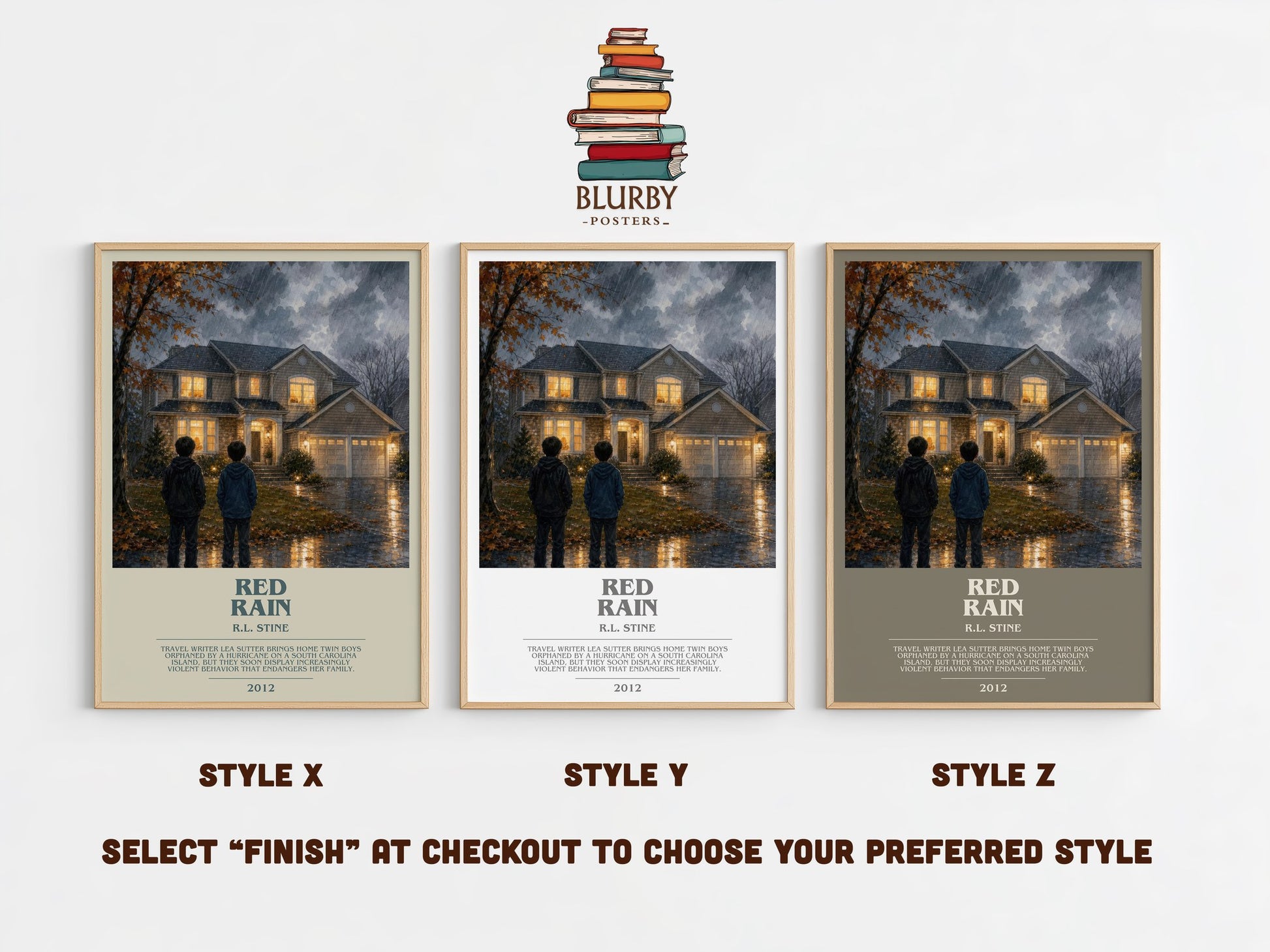 Red Rain bookish print in frame leaning in hallway – horror wall art