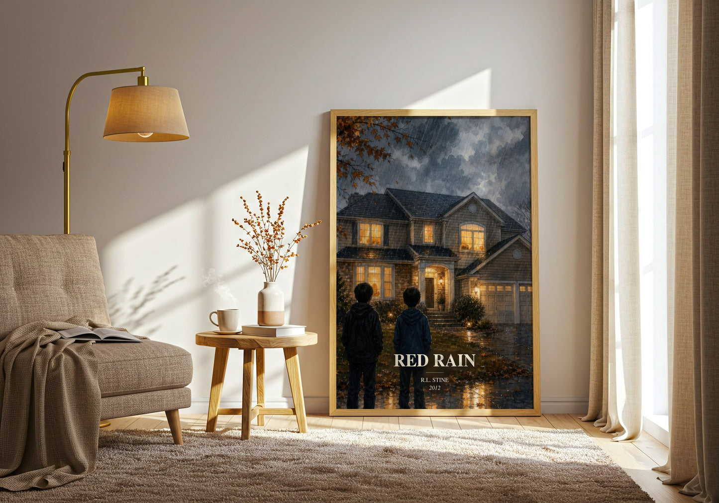 Red Rain watercolour print in frame leaning in hallway – horror wall art