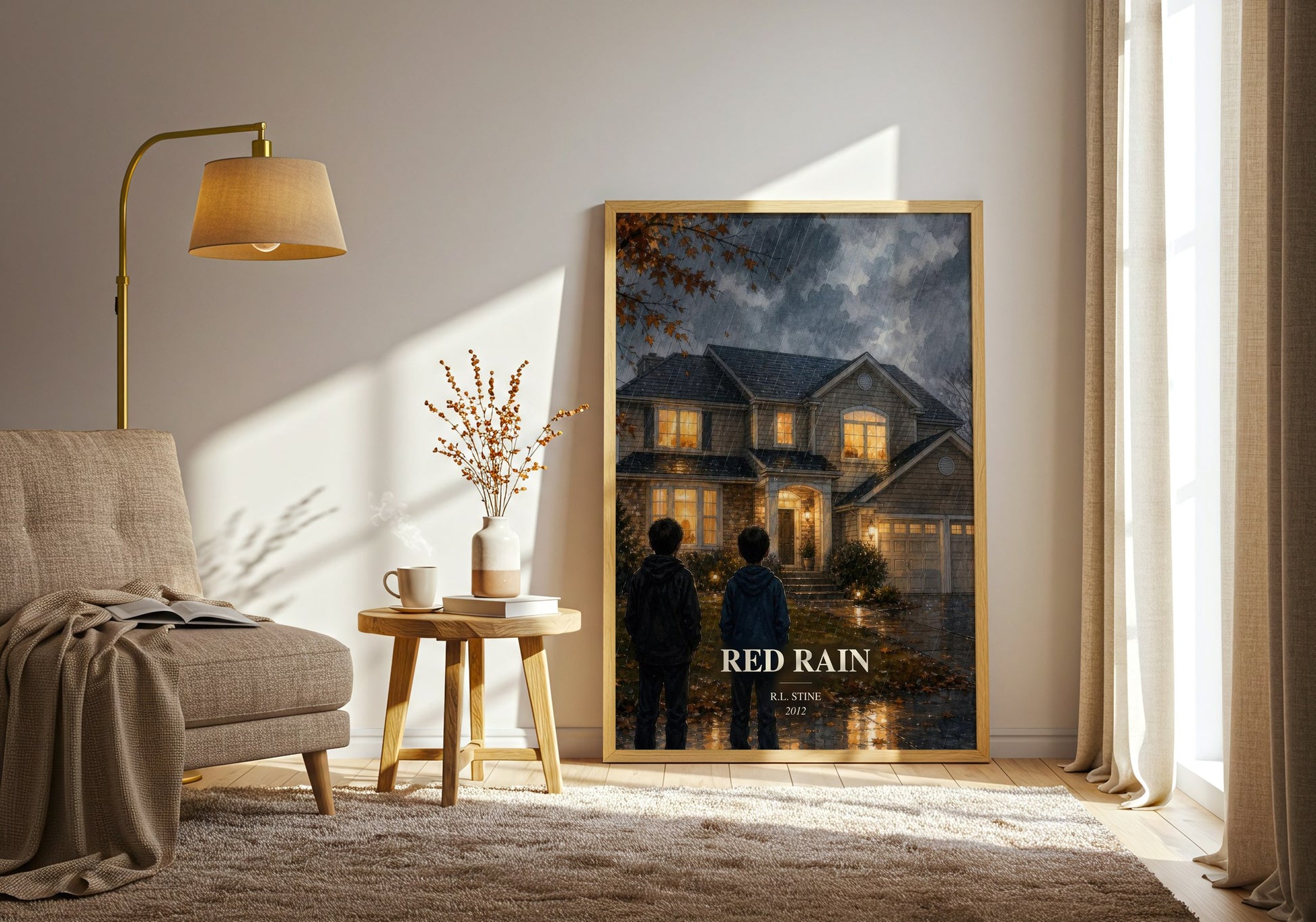 Red Rain watercolour print in frame leaning in hallway – horror wall art