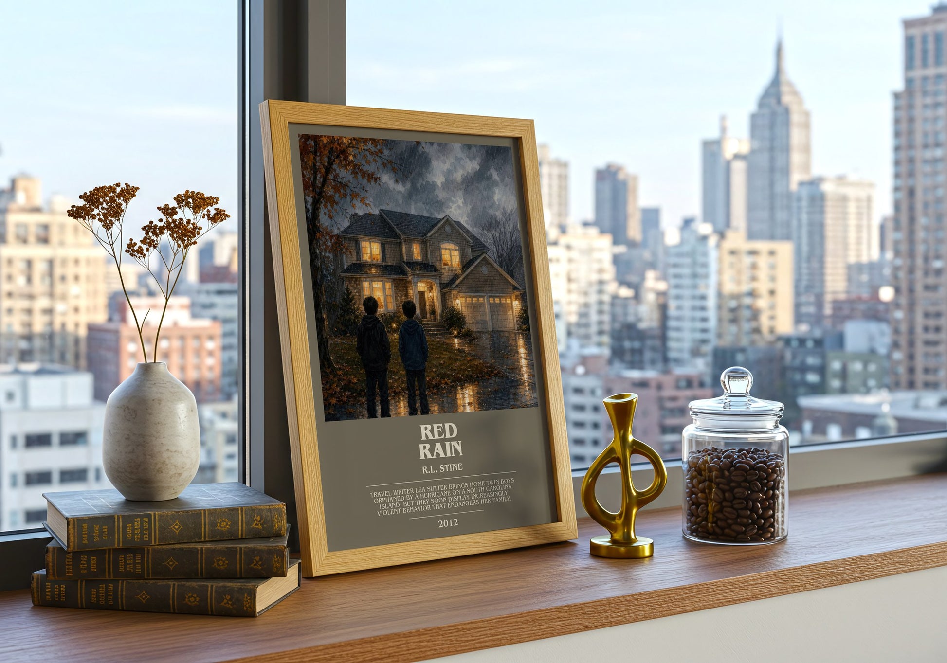 Red Rain bookish print framed by window – literary home decor