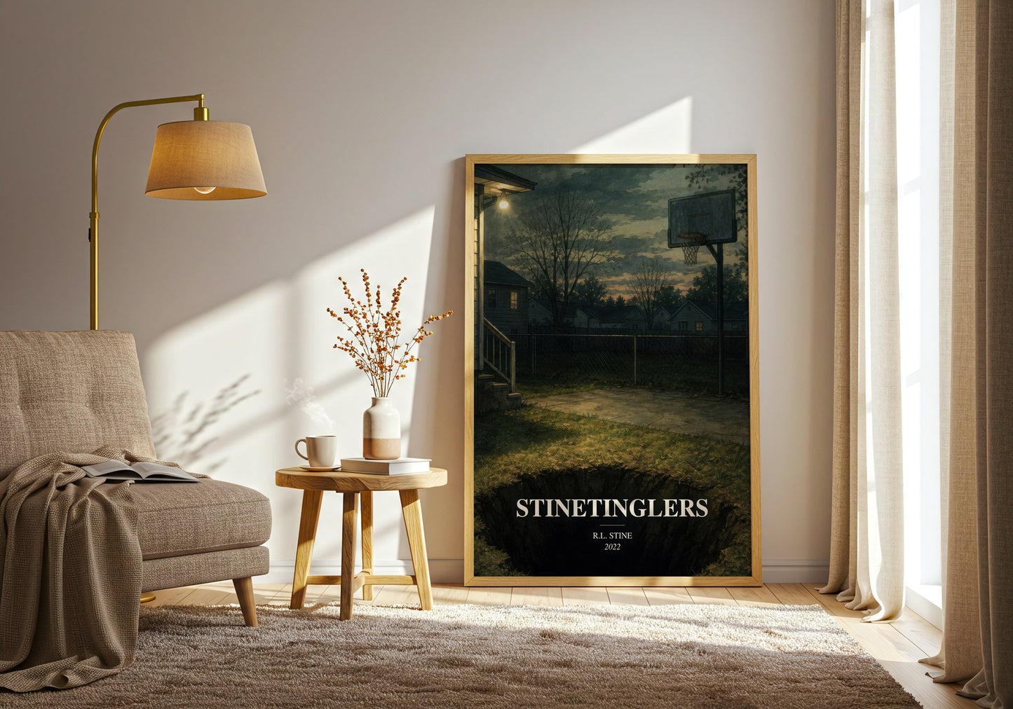 Stinetinglers watercolour print in frame leaning in hallway – childrens wall art