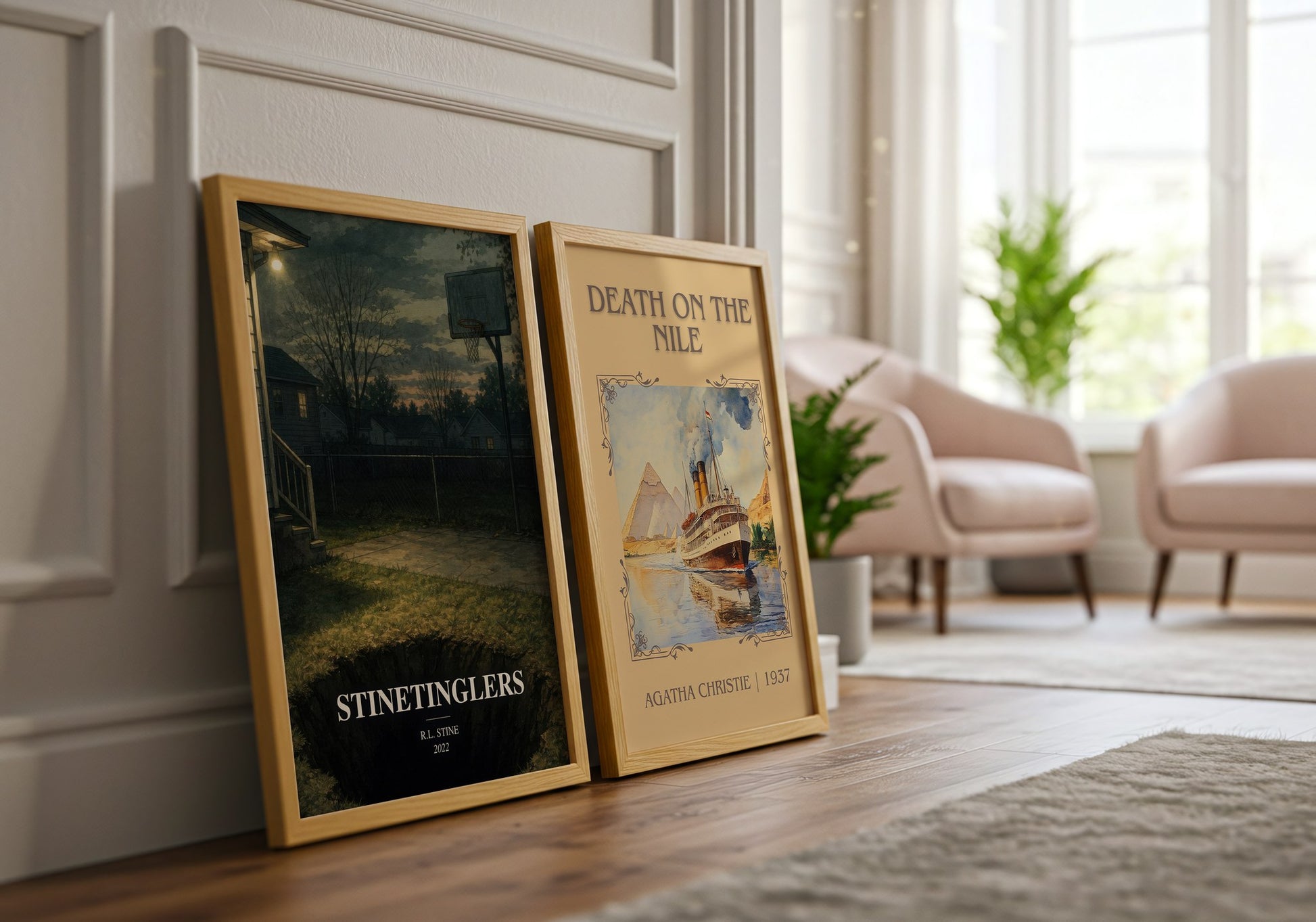Stinetinglers watercolour print framed by window – literary home decor