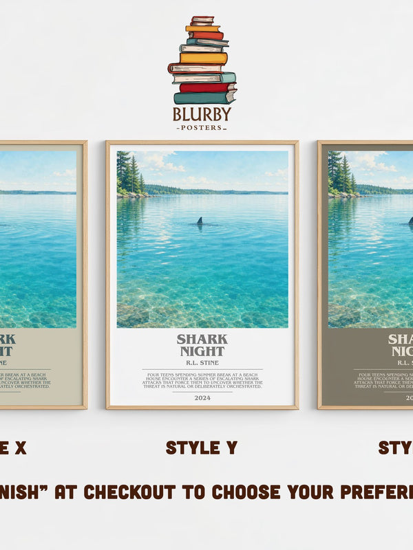 Shark Night bookish print in frame leaning in hallway – horror wall art