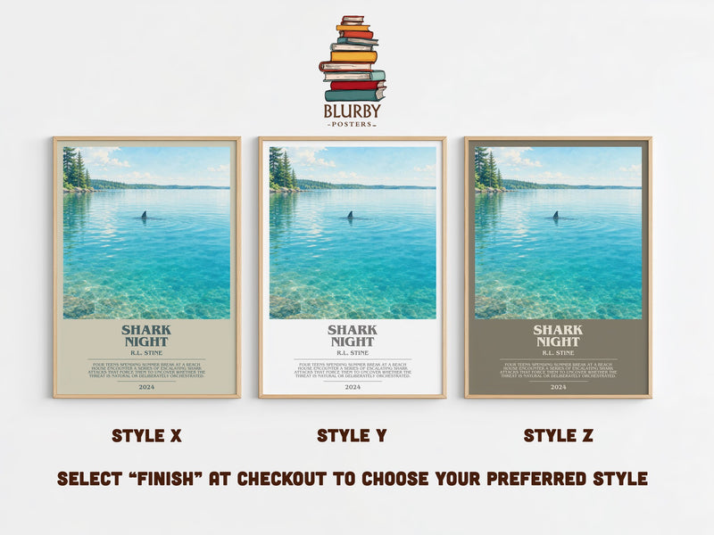 Shark Night bookish print in frame leaning in hallway – horror wall art